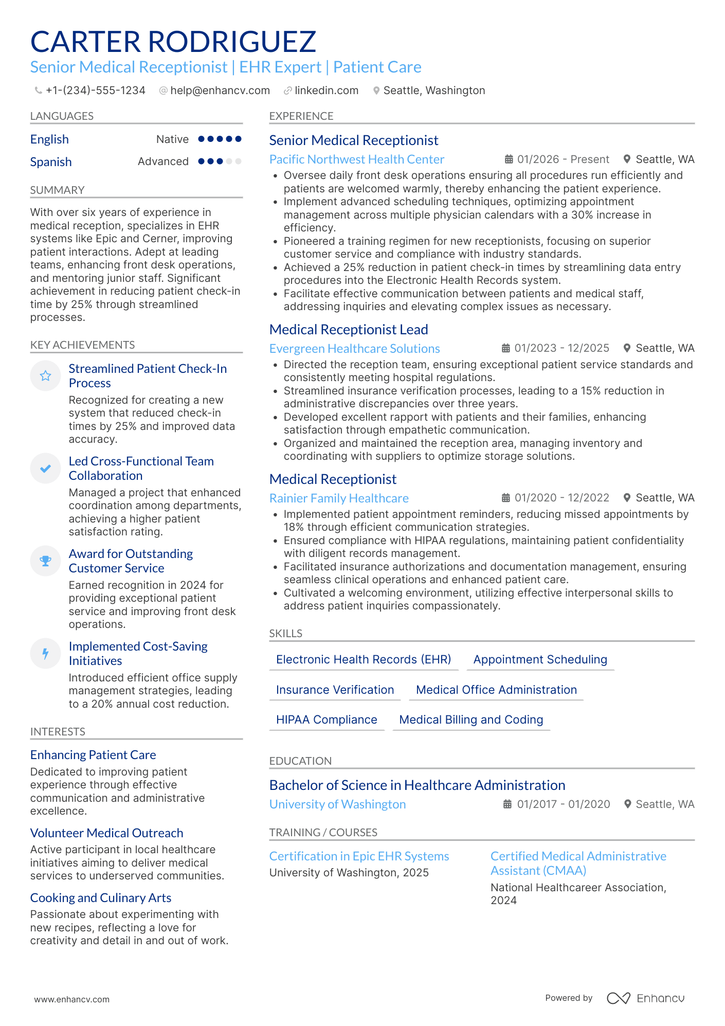 Senior Medical Receptionist Resume Example