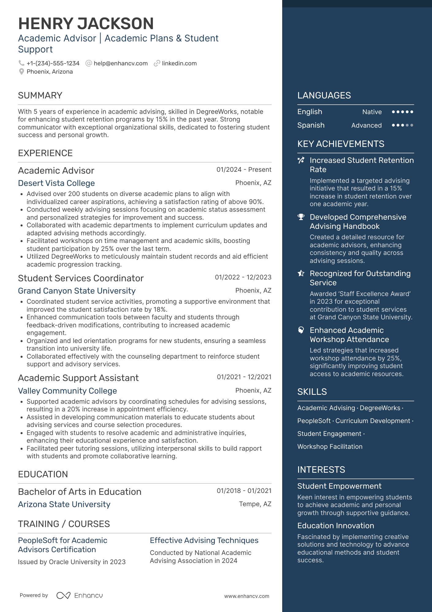 Academic Advisor Resume Example
