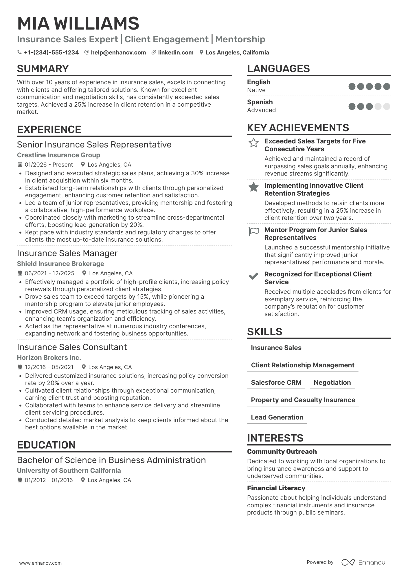 Senior Insurance Sales Representative Resume Example