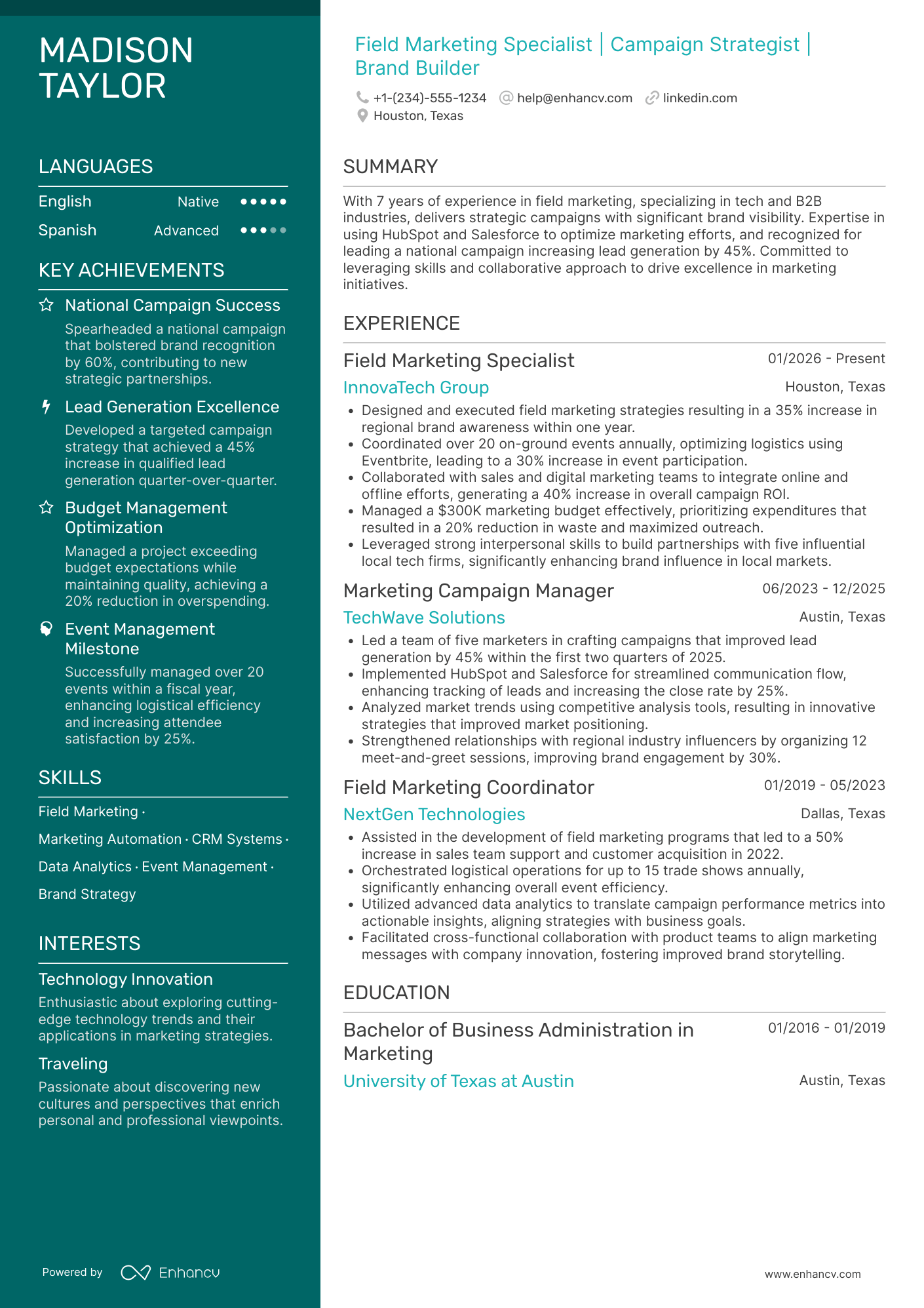 Field Marketing Specialist Resume Example