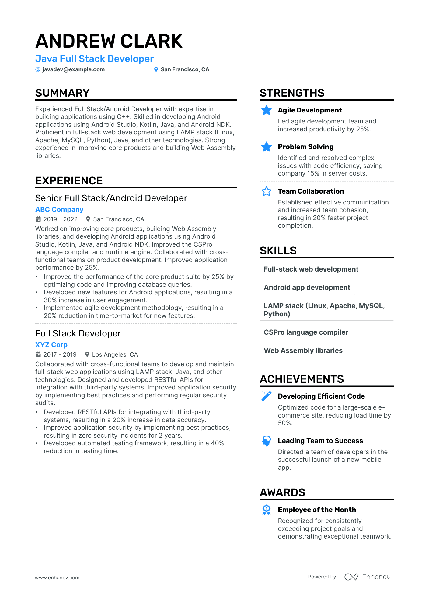 Java Full Stack Developer Resume Example