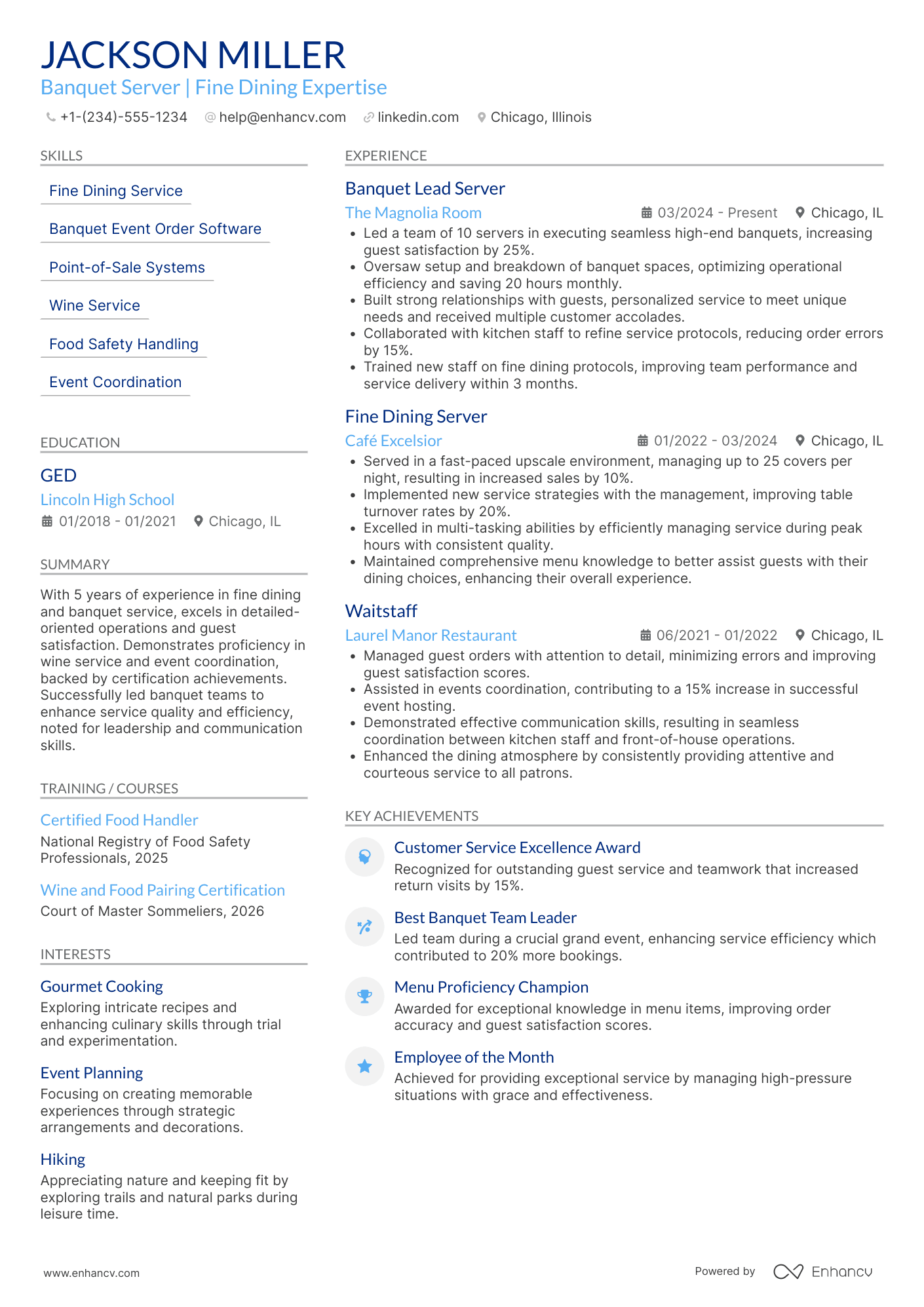 Fine Dining Banquet Server Resume Example