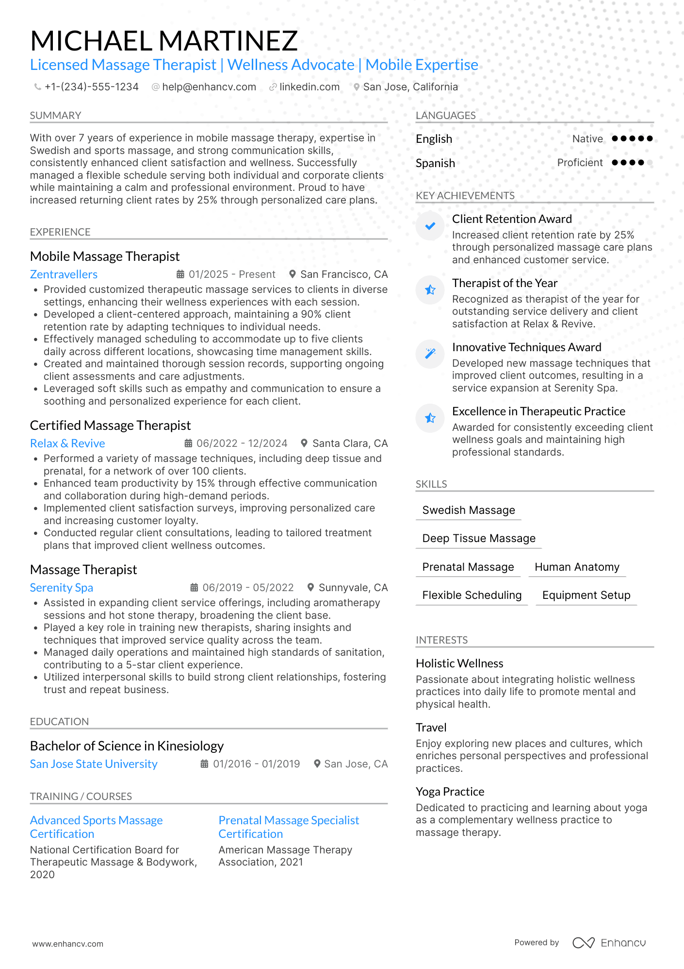Mobile Massage Therapist Resume Example