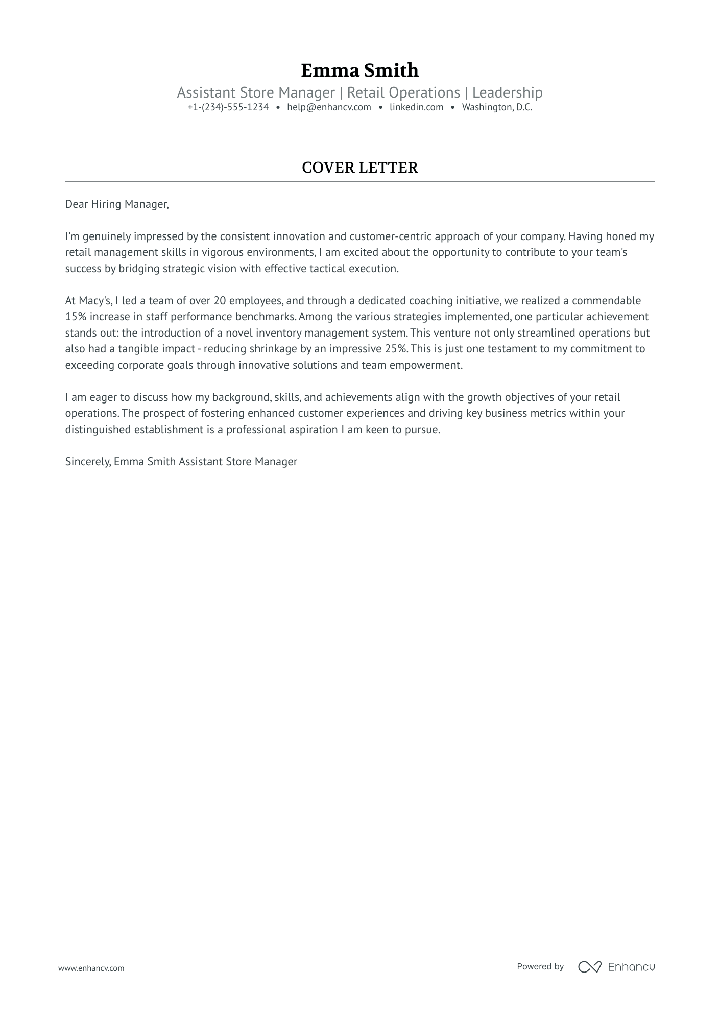 Retail Assistant Store Manager Resume Example