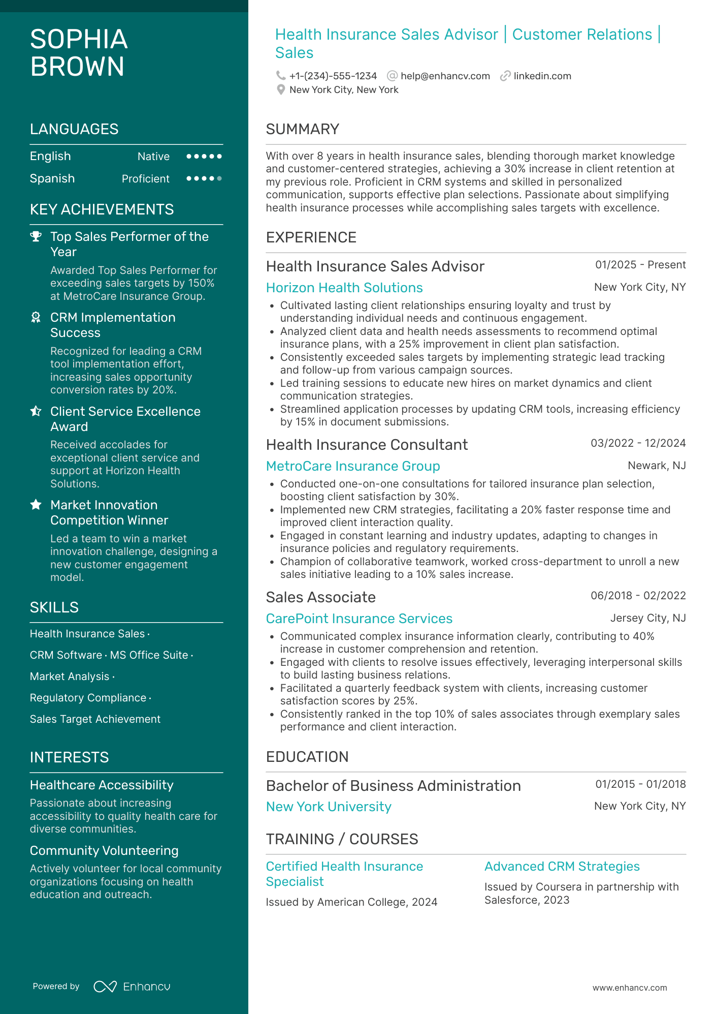 Health Insurance Sales Advisor Resume Example