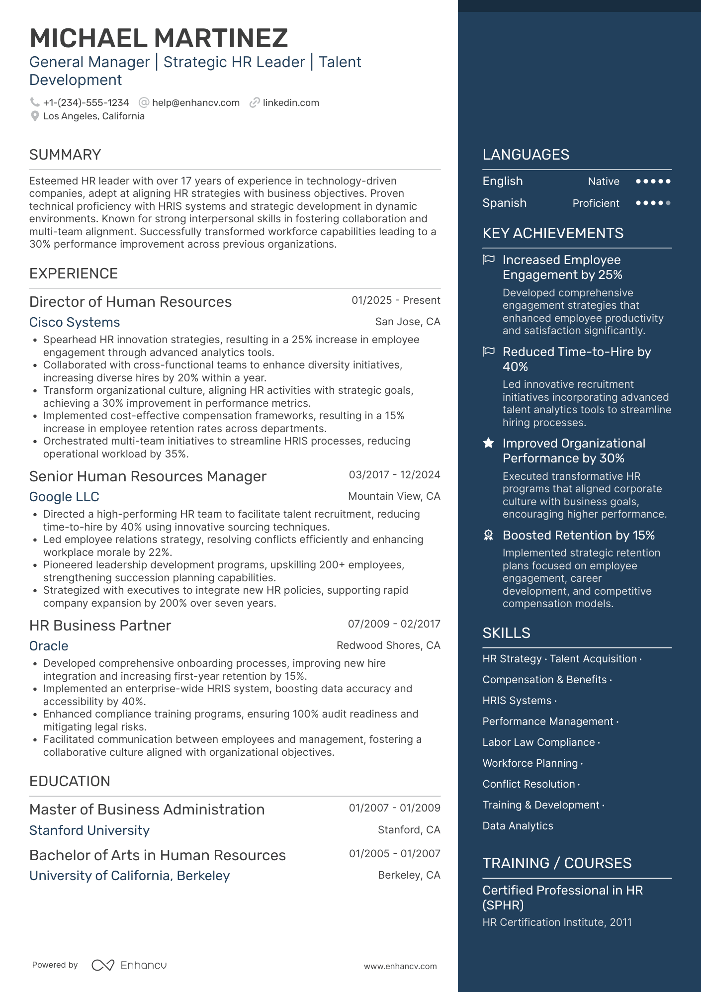 General Manager of Human Resources Resume Example