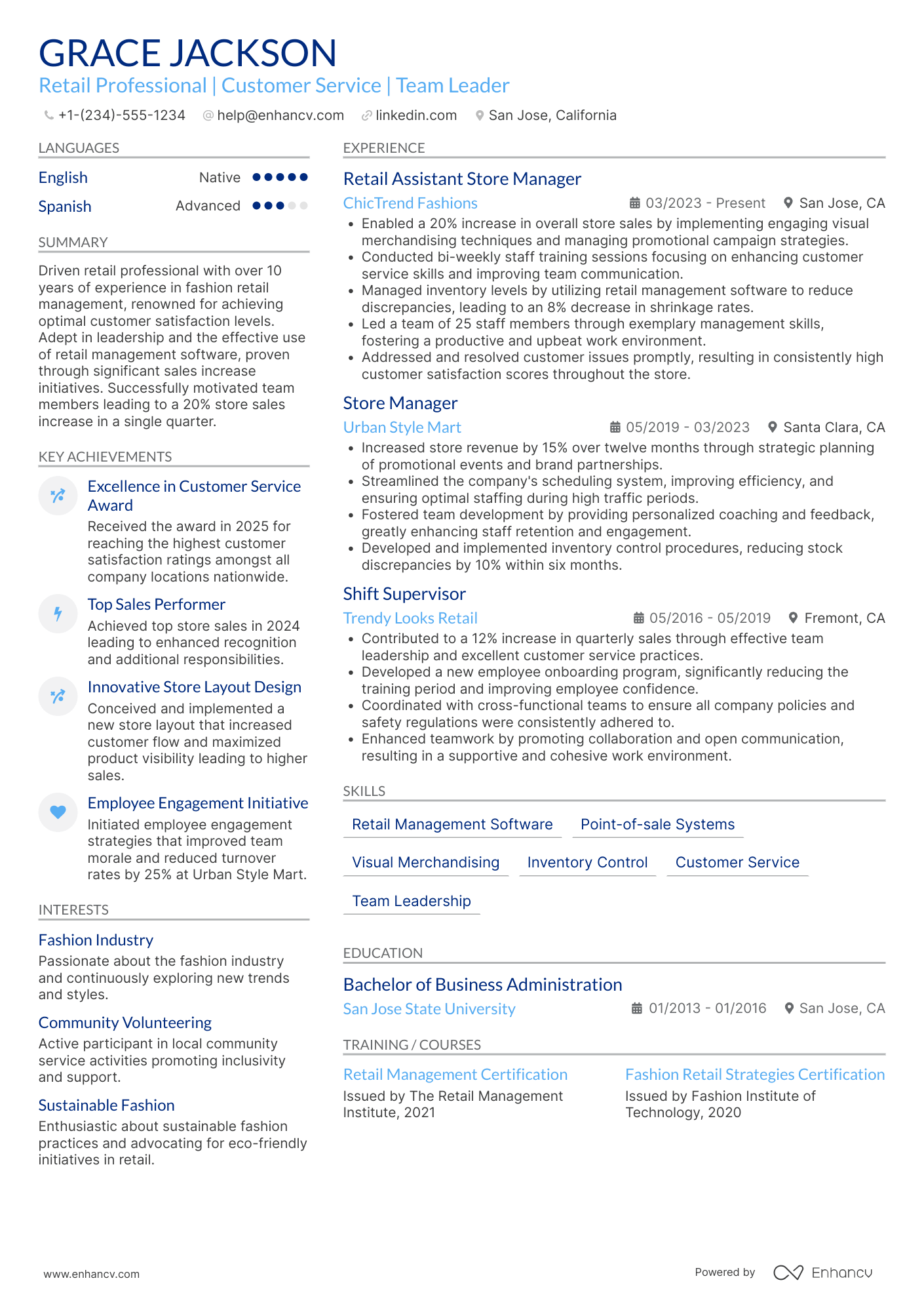 Retail Assistant Store Manager Resume Example