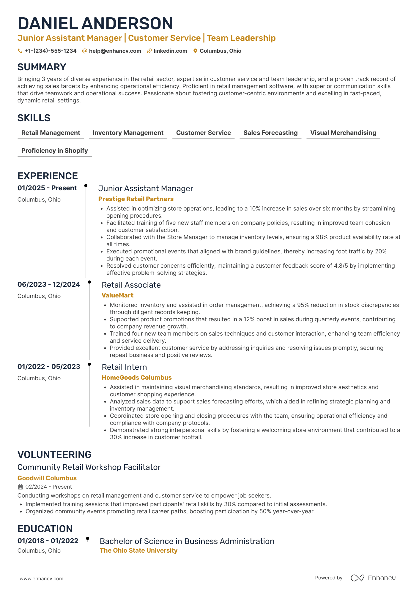 Junior Assistant Manager Resume Example