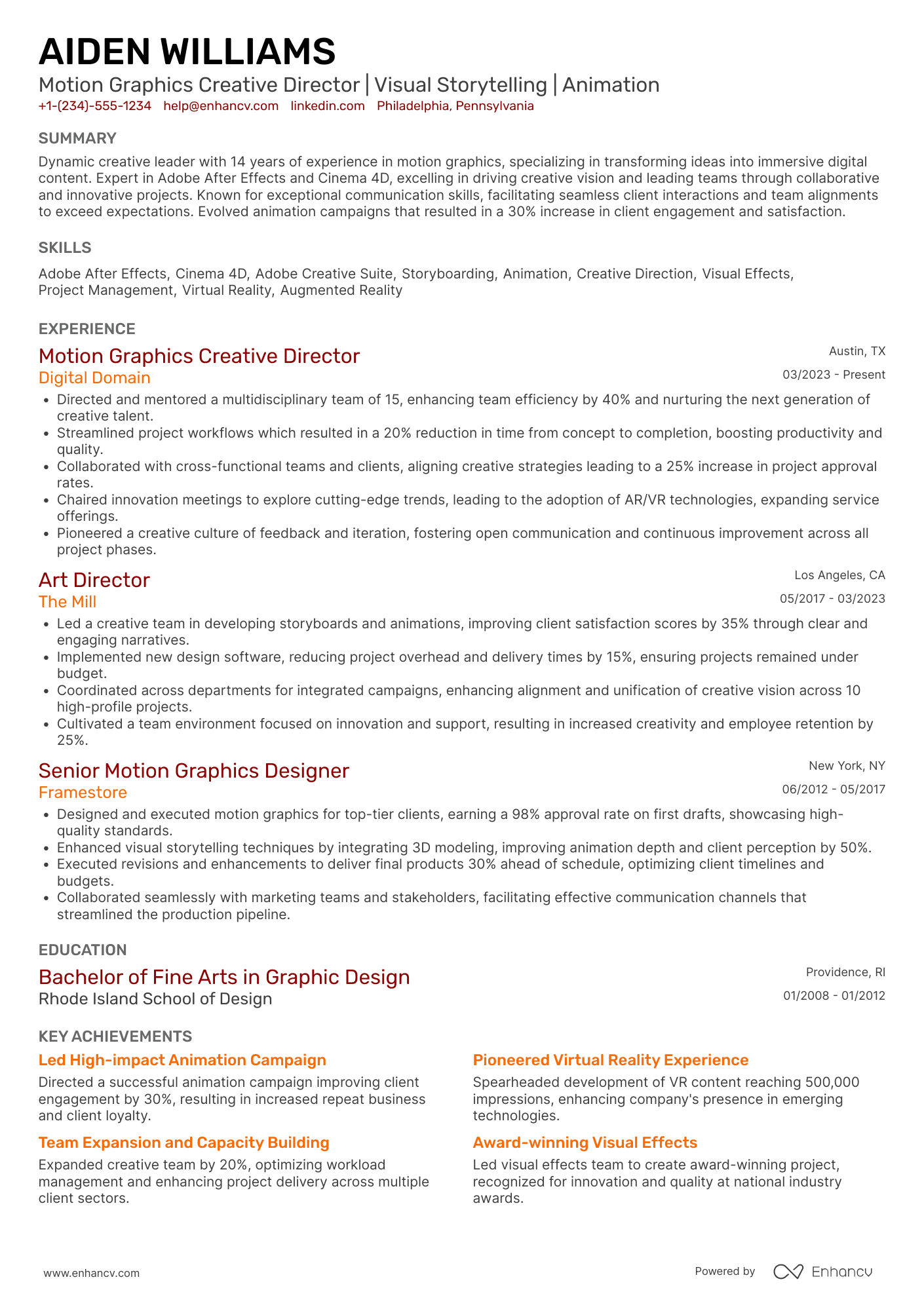 Motion Graphics Creative Director Resume Example