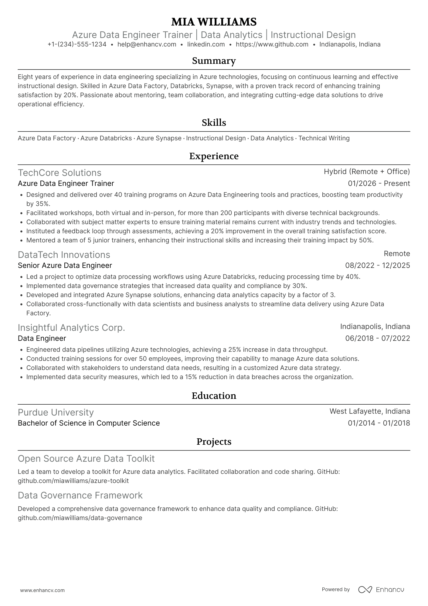 Azure Data Engineer Trainer Resume Example