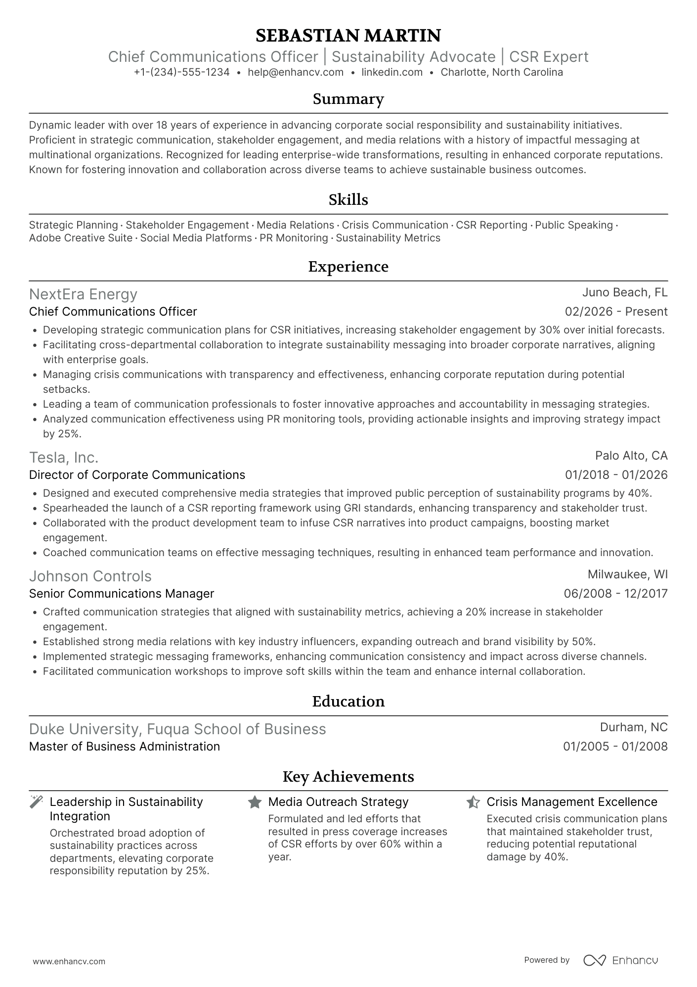 Chief Communications Officer for Corporate Social Responsibility Resume Example