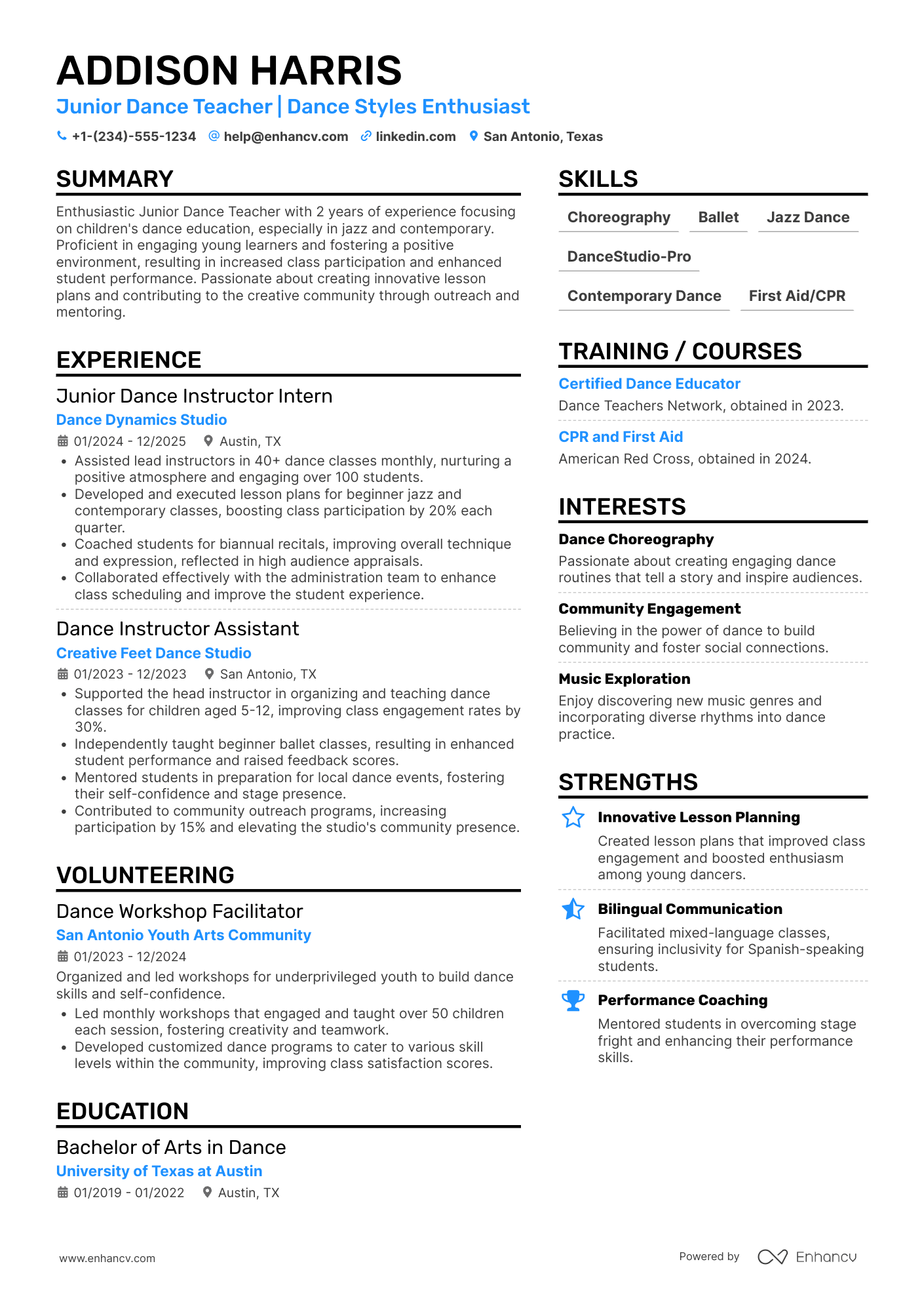 Junior Dance Teacher Resume Example