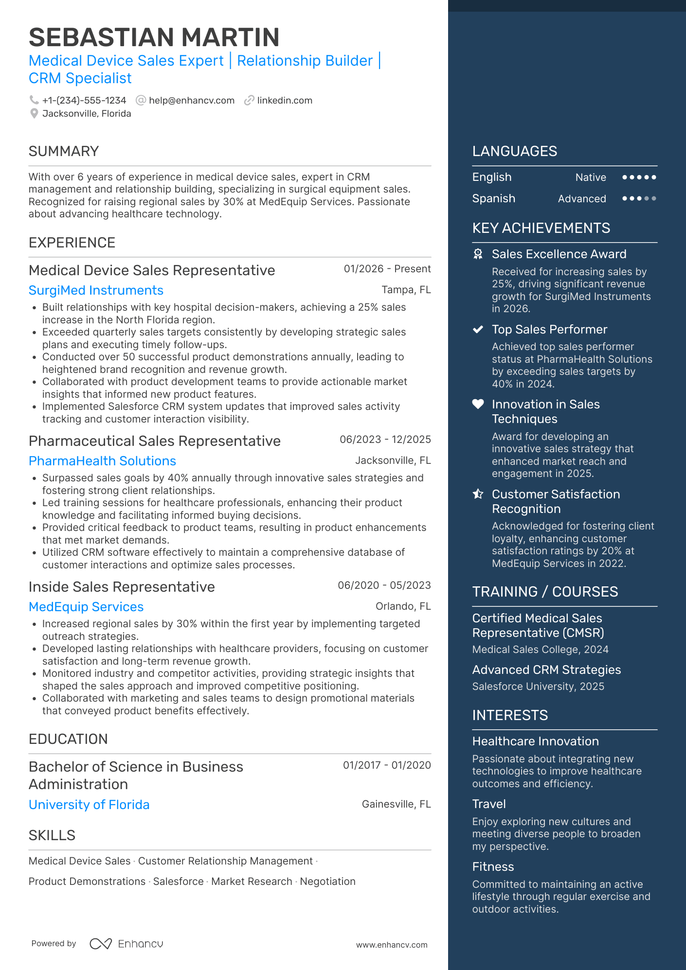 Medical Device Sales Representative Resume Example