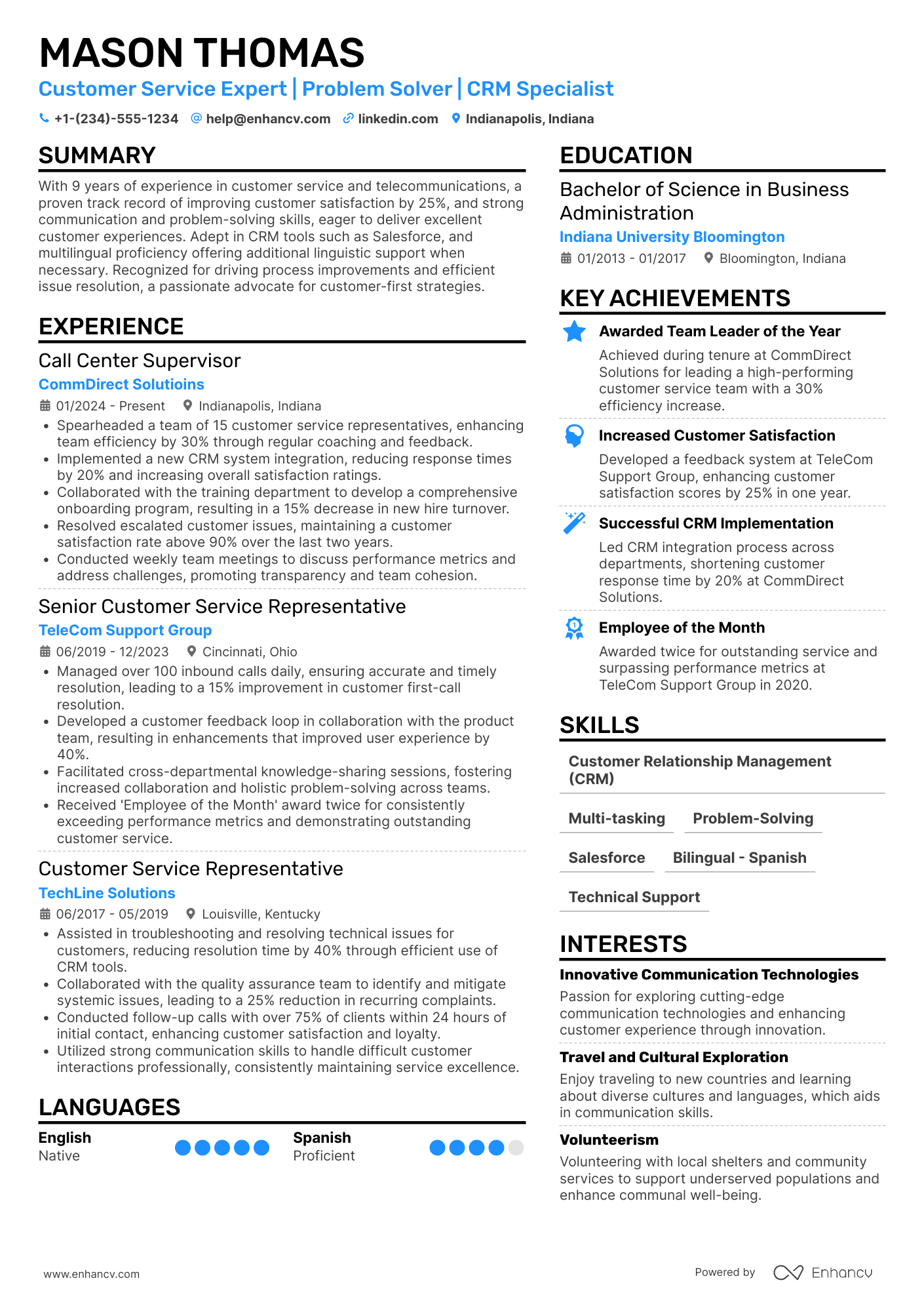 Call Center Customer Service Representative Resume Example