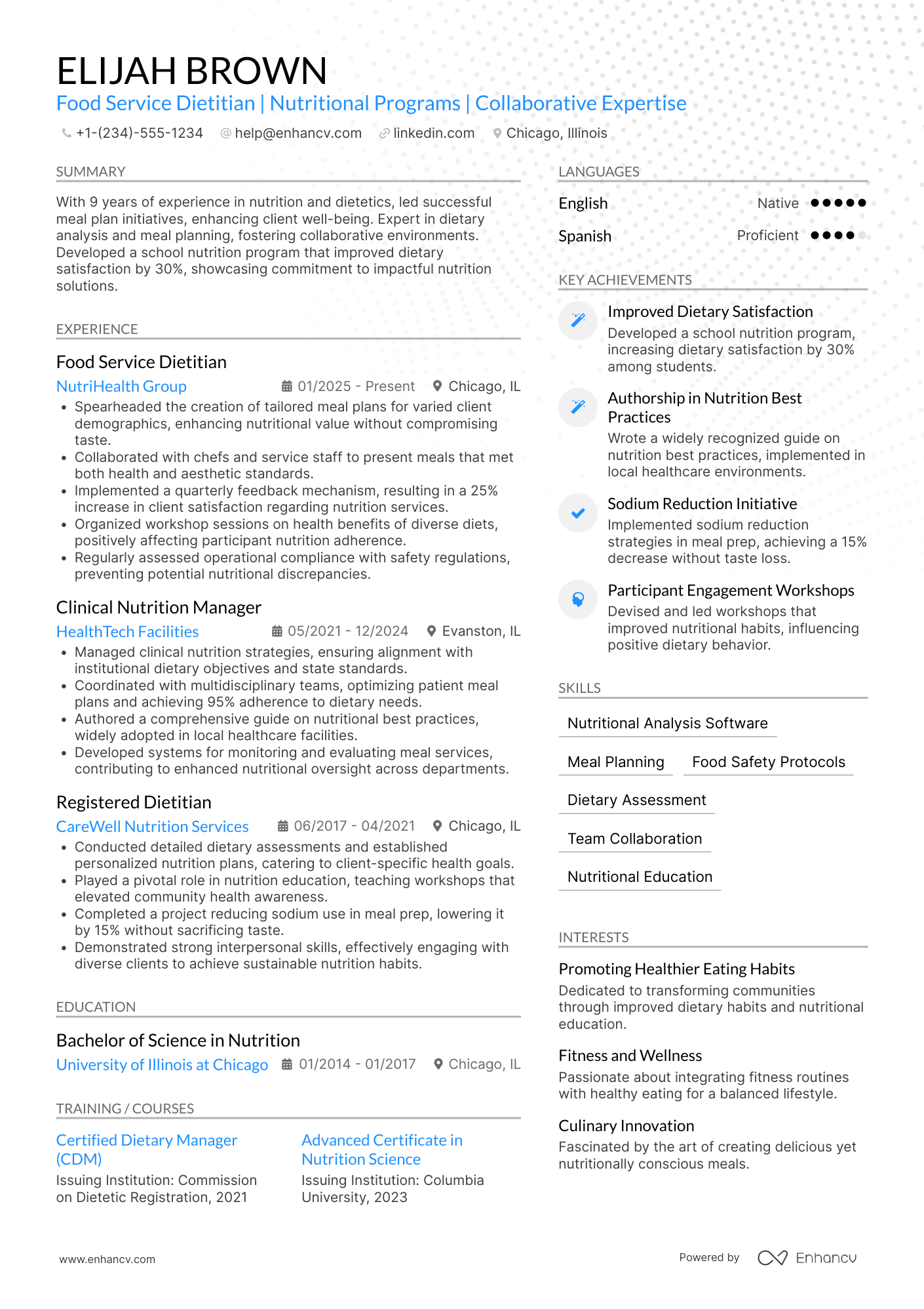 Food Service Dietitian Resume Example