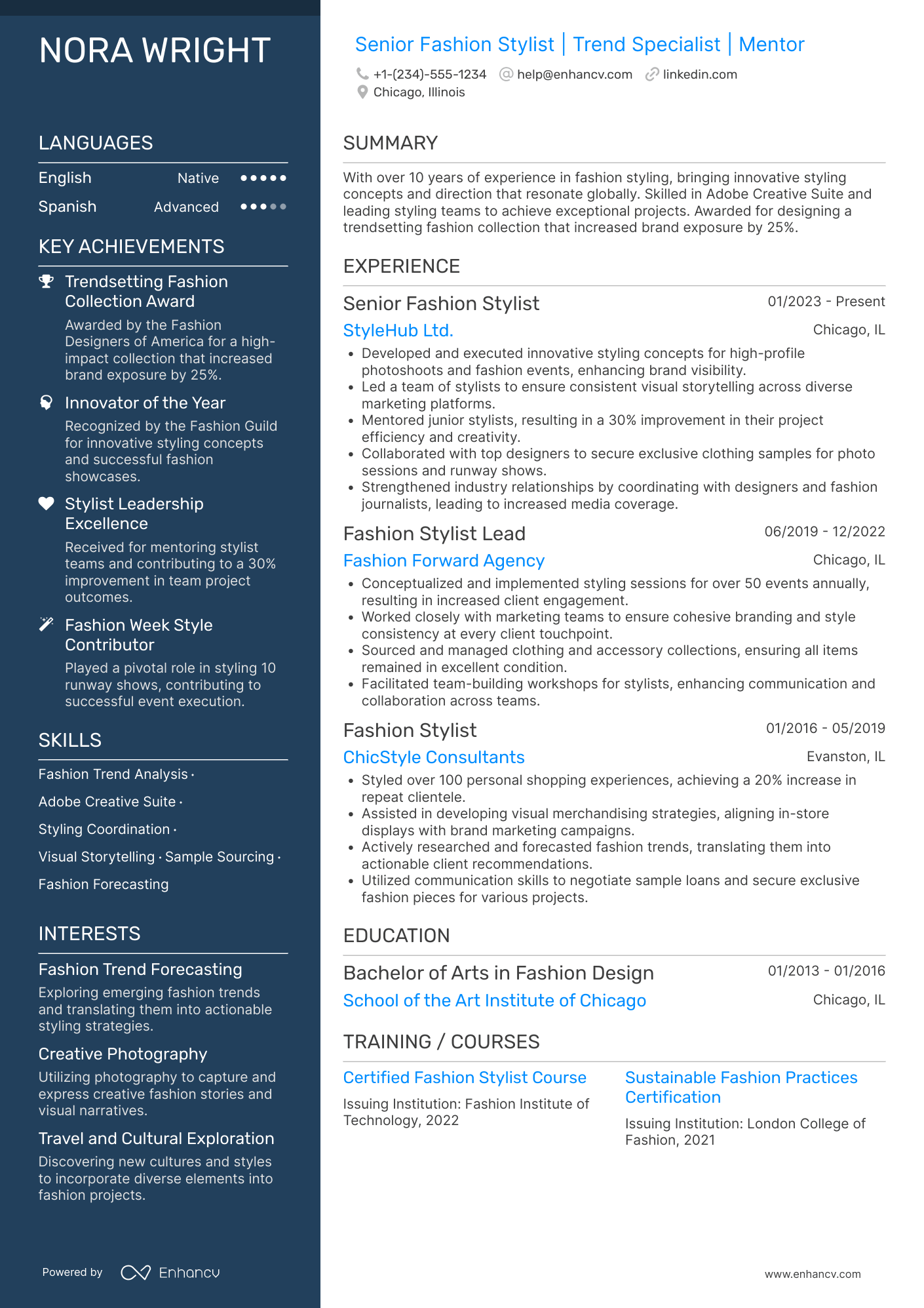 Senior Fashion Stylist Resume Example