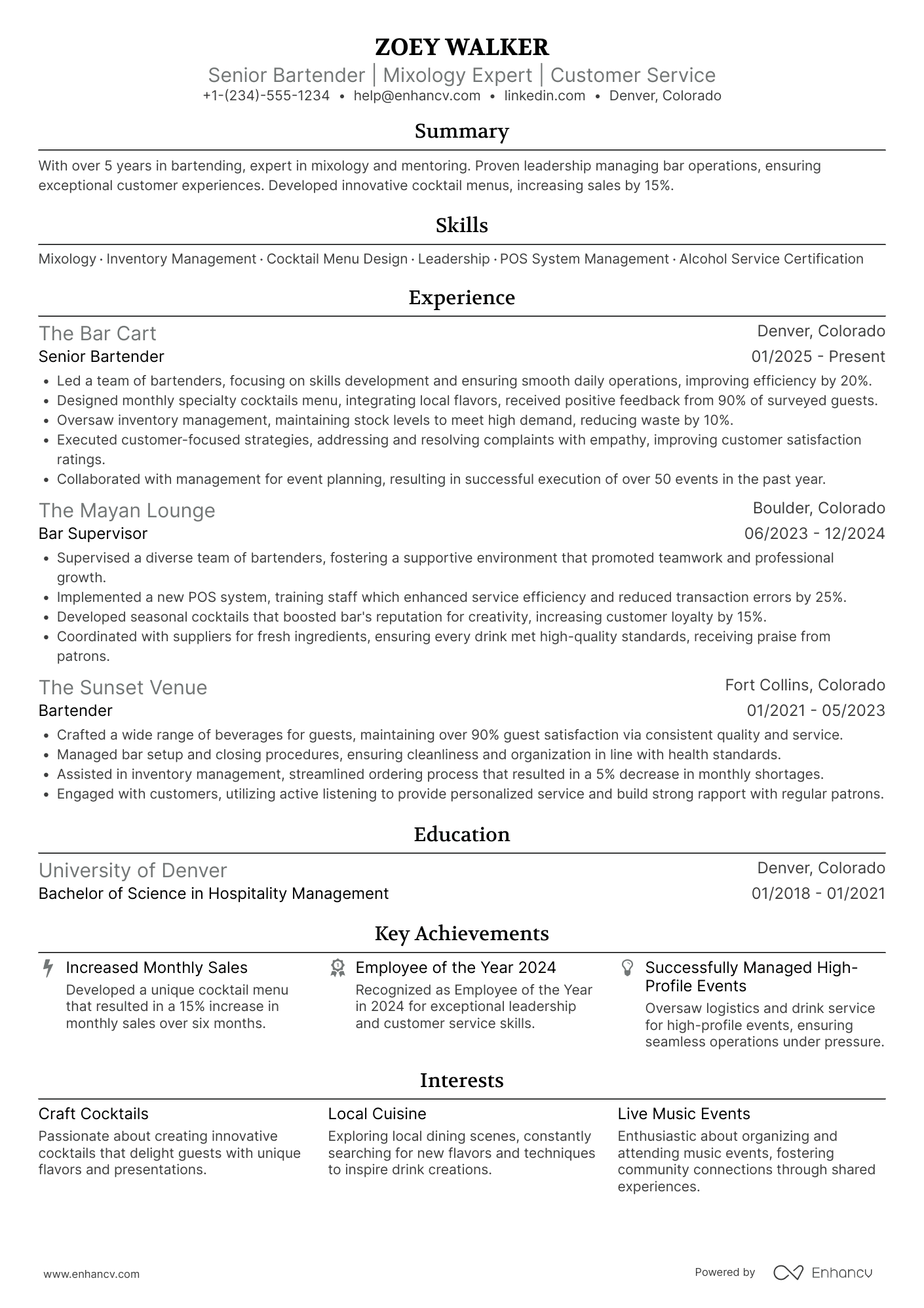 Senior Bartender Resume Example