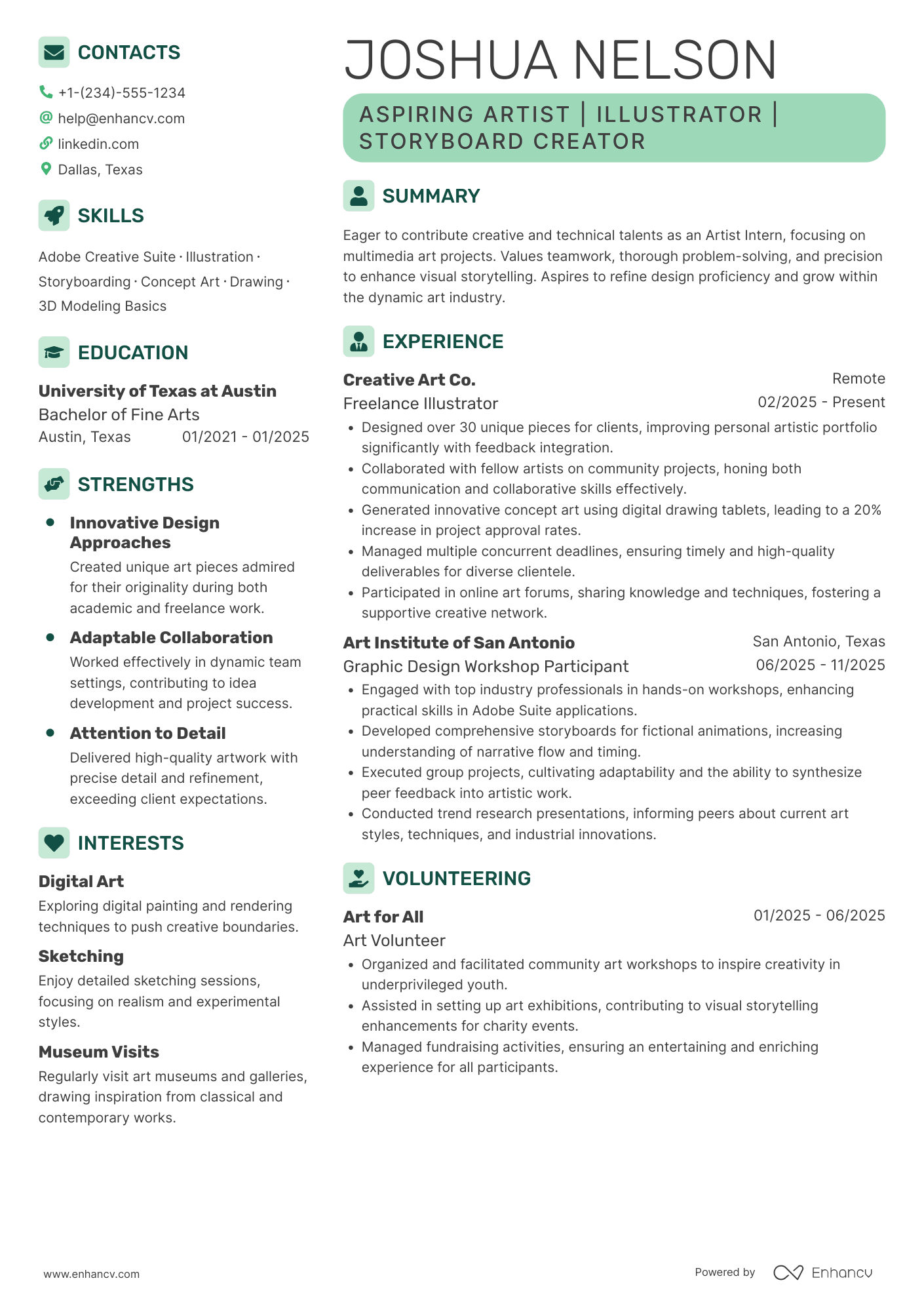 Artist Intern Resume Example