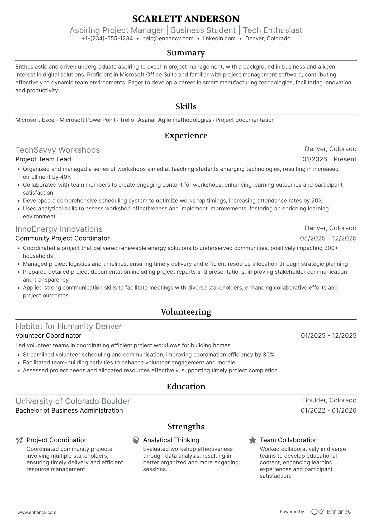 Undergraduate Project Management Intern Resume Example