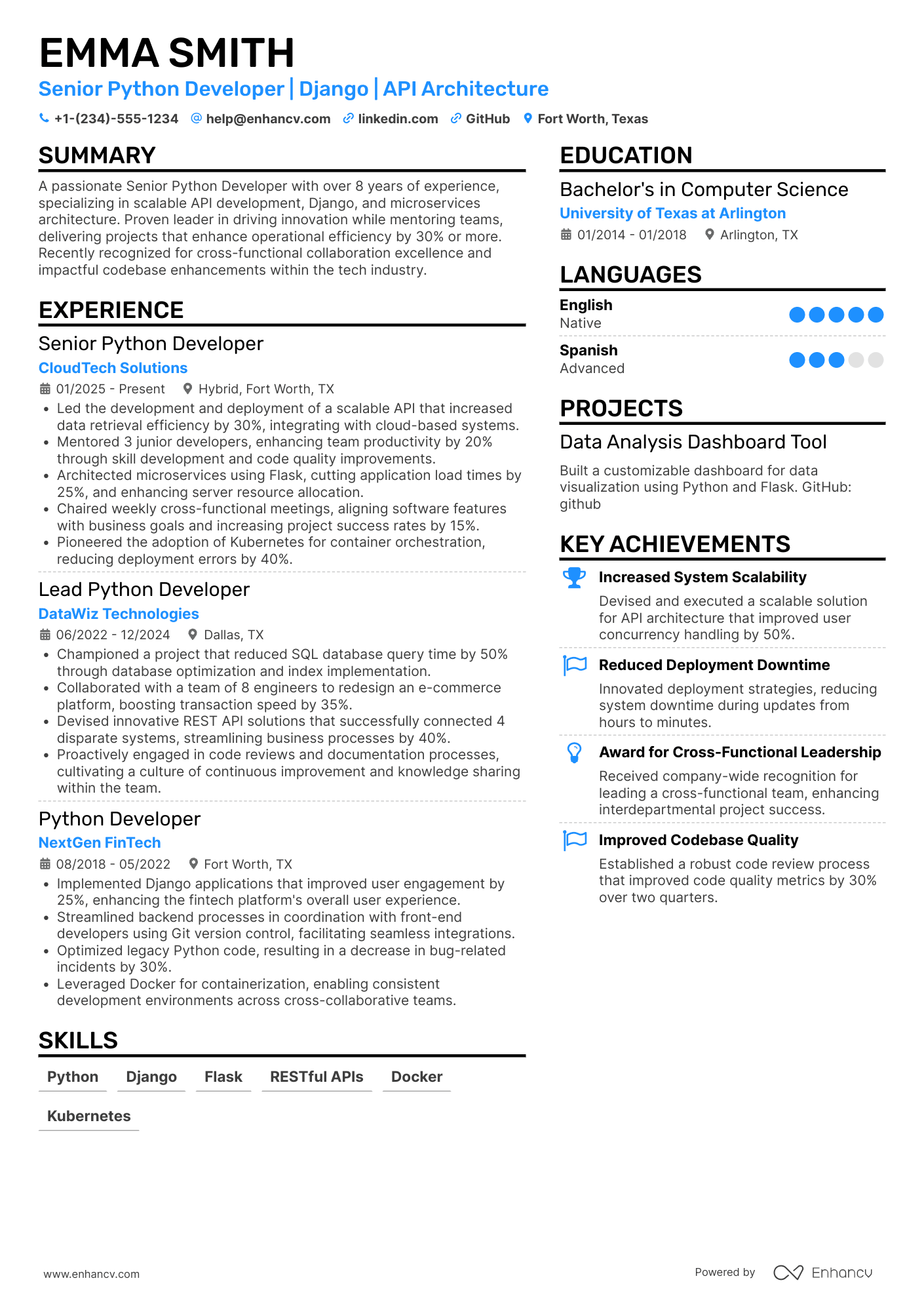 Senior Python Developer Resume Example