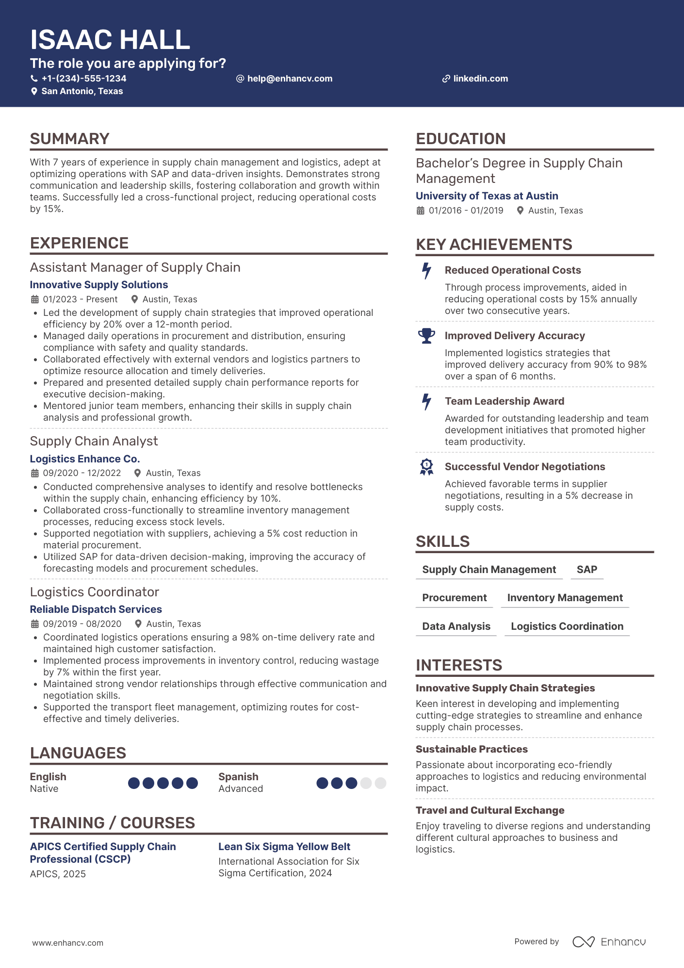 Assistant Manager of Supply Chain Resume Example