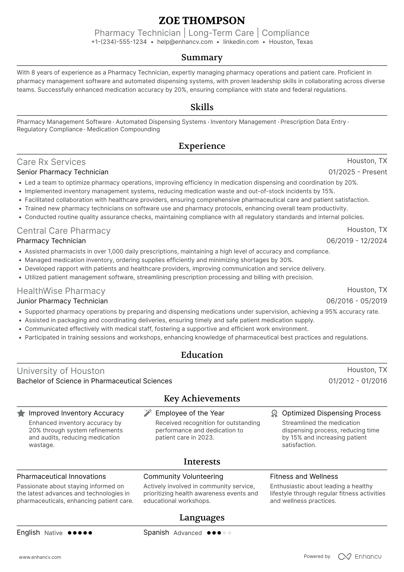 Long Term Care Pharmacy Technician Resume Example