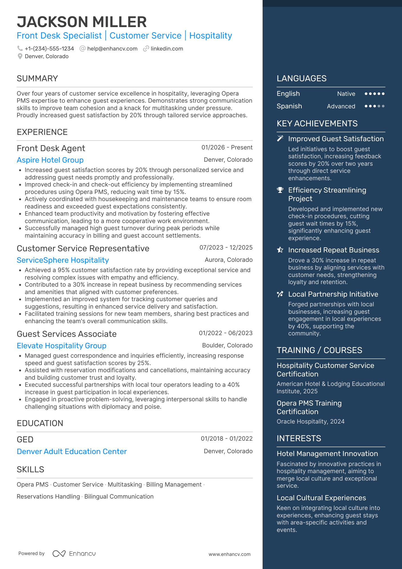 Front Desk Agent Resume Example