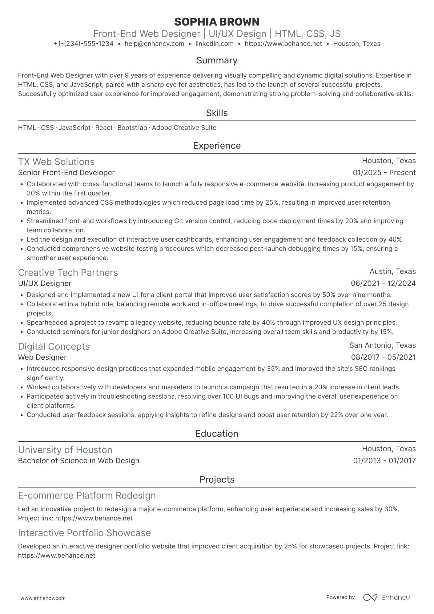 Front End Web Designer Resume Example