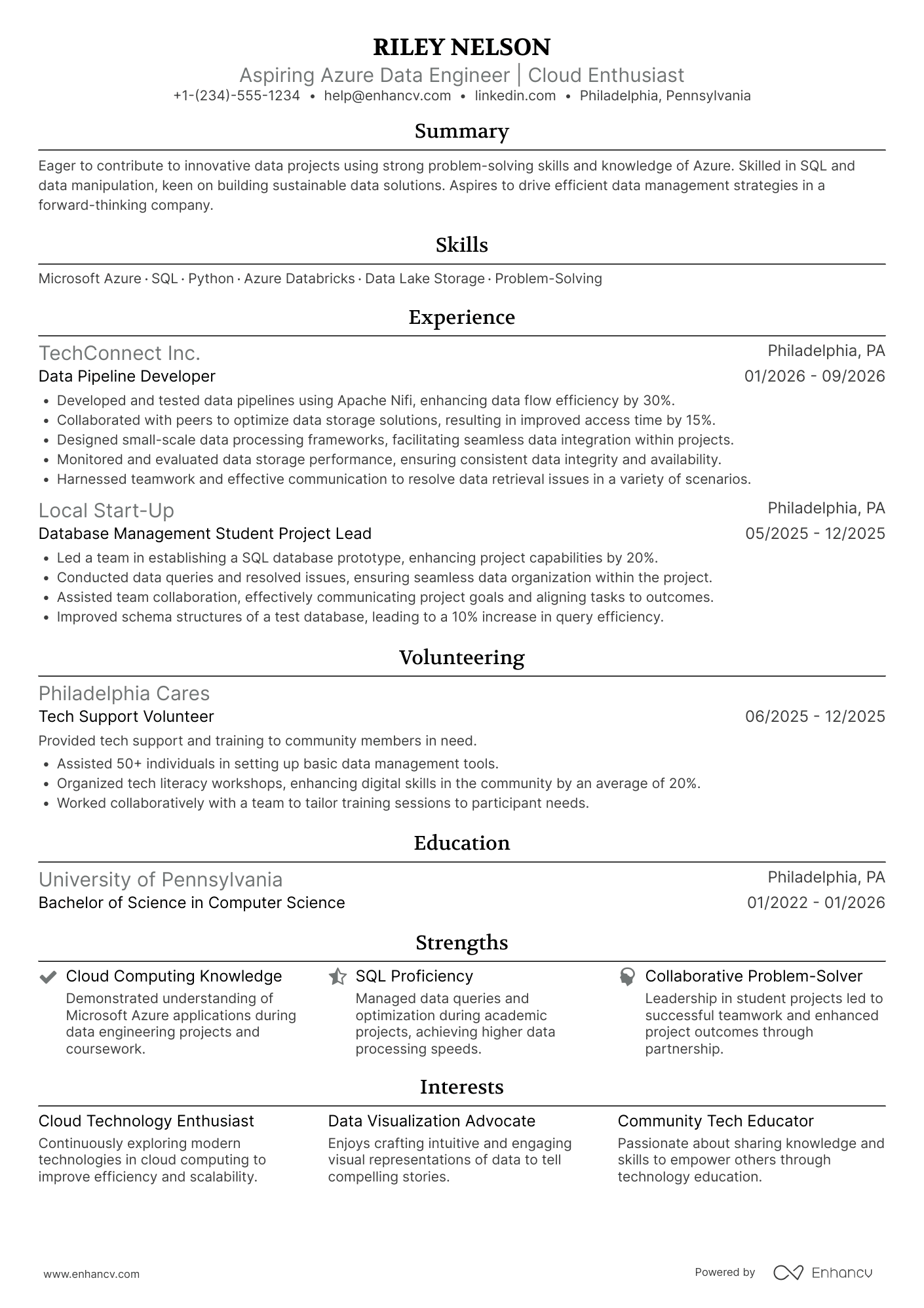 Azure Data Engineer Intern Resume Example