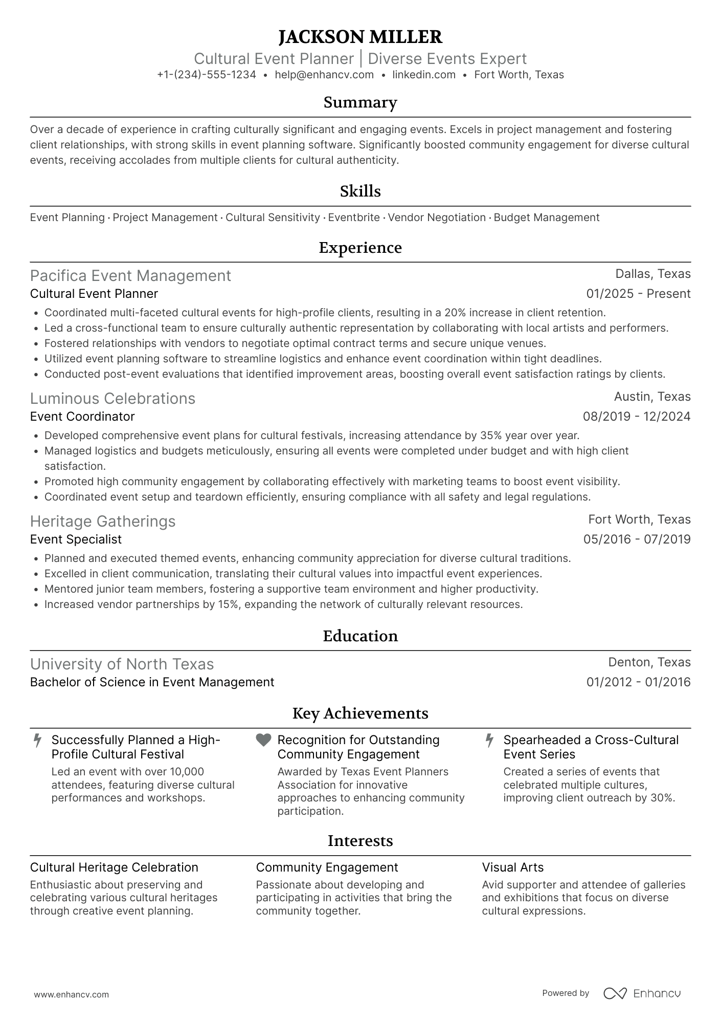 Cultural Event Planner Resume Example