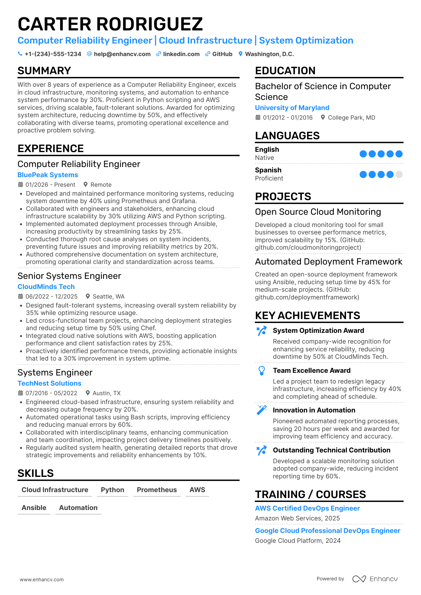 Computer Reliability Engineer Resume Example