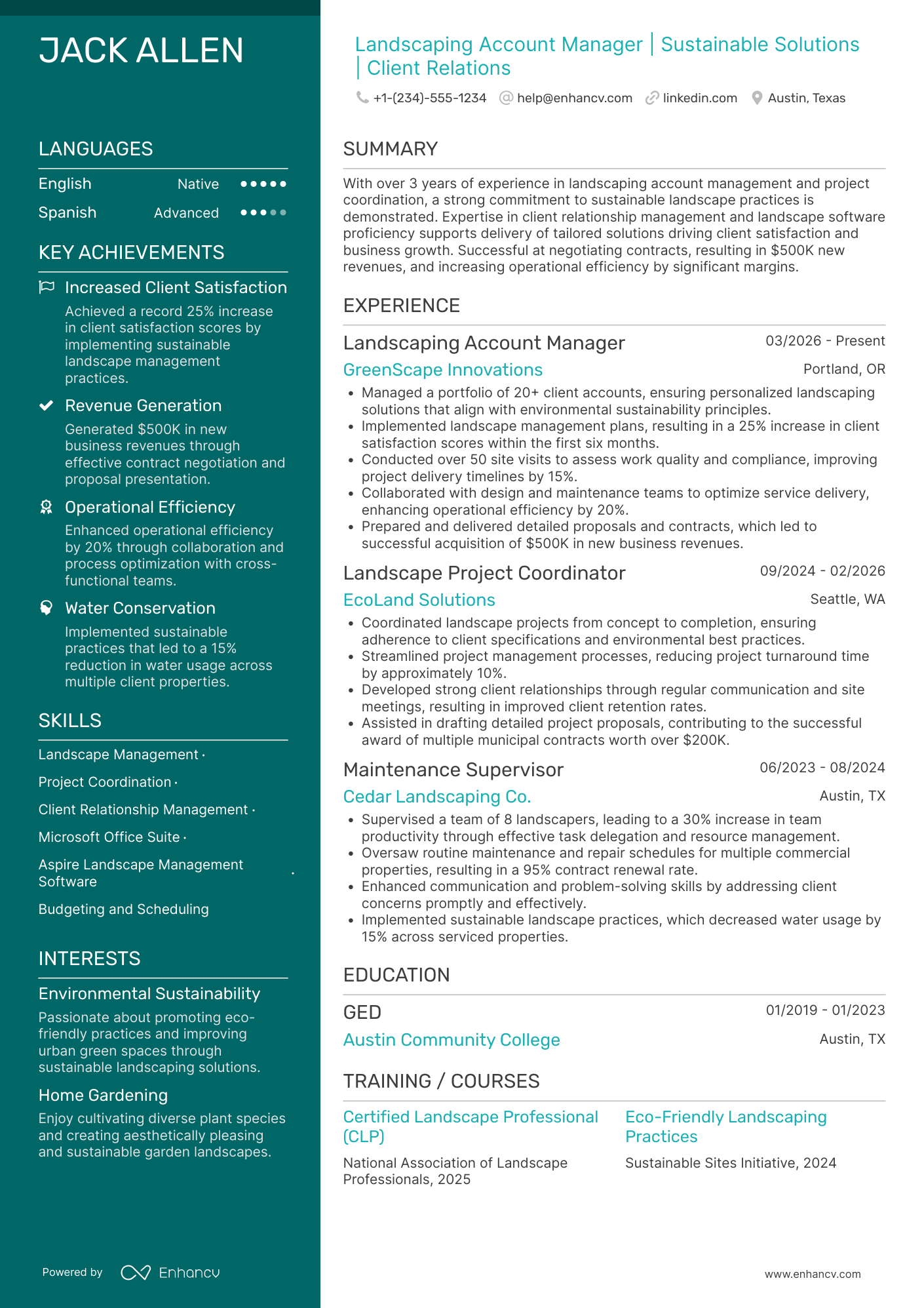 Landscaping Account Manager Resume Example