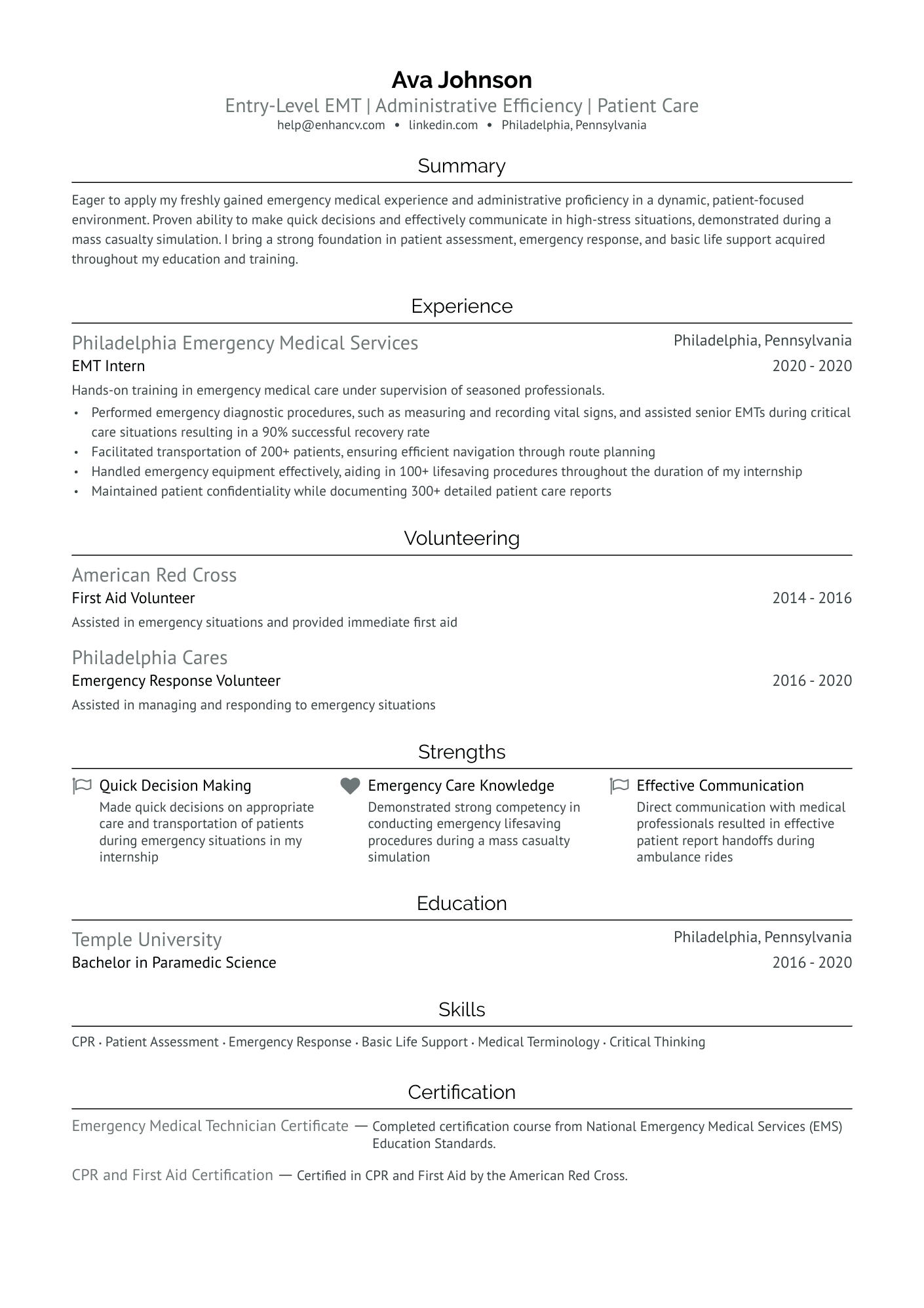 Entry Level EMT Resume Example