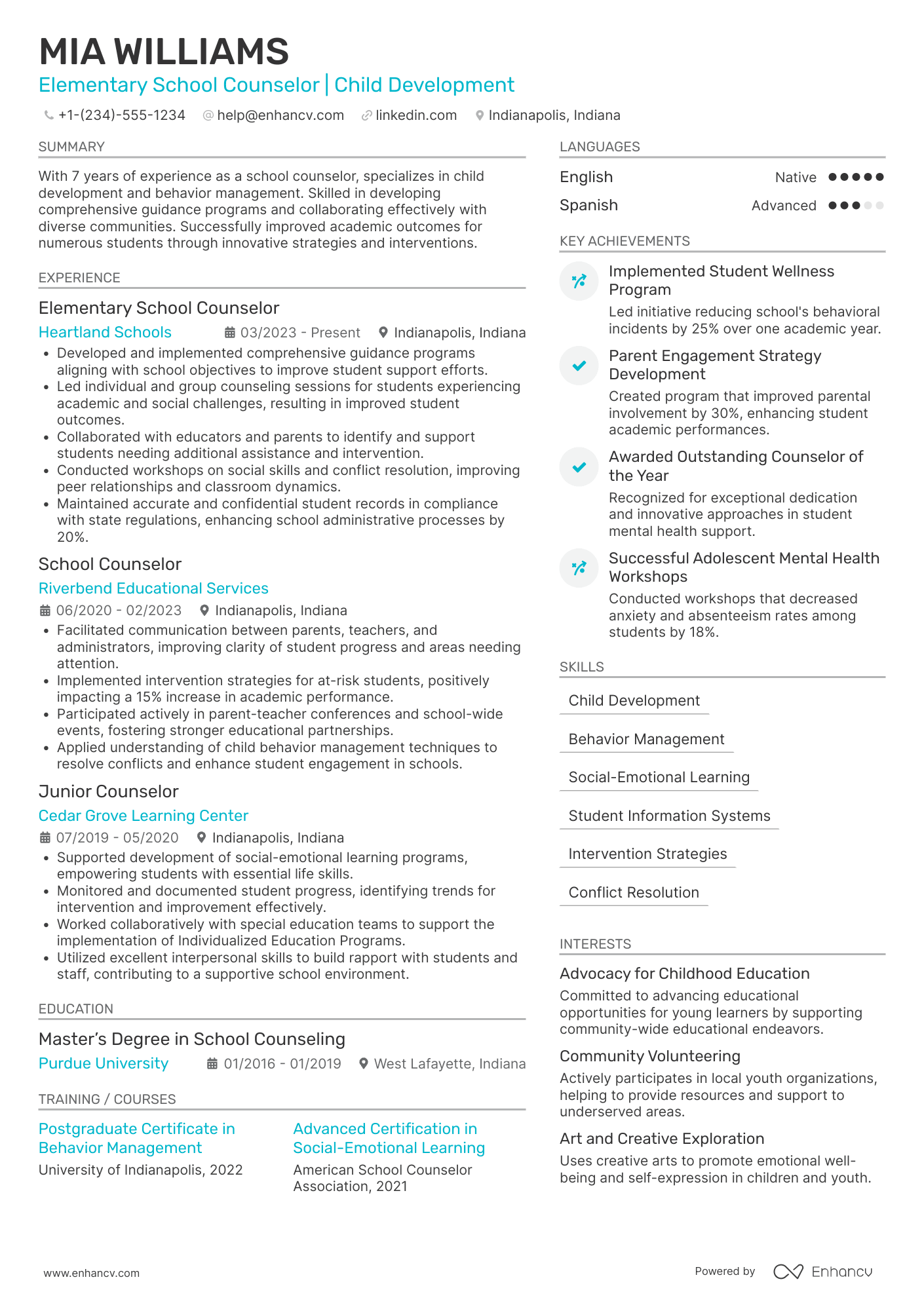 Elementary School Counselor Resume Example
