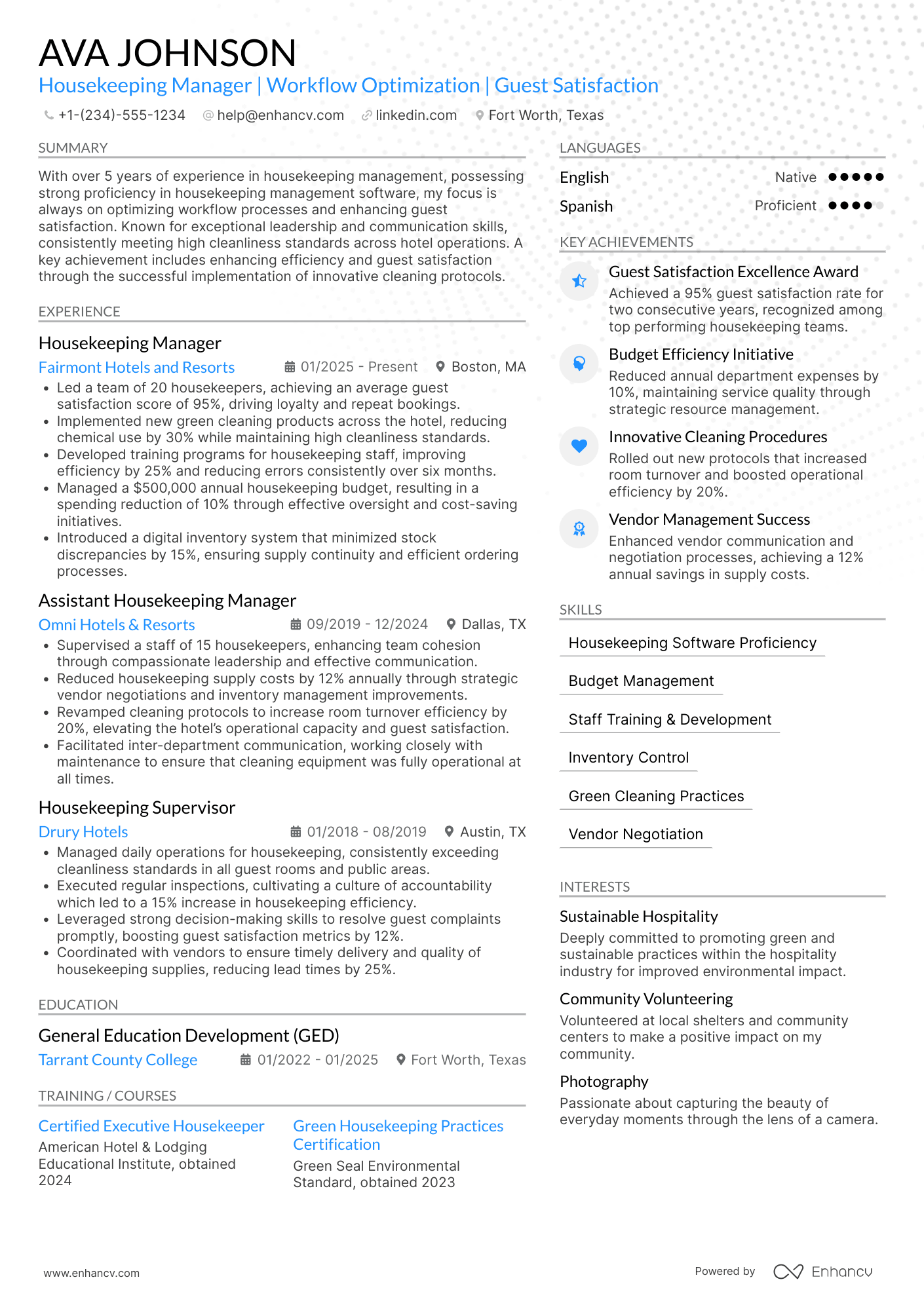 Housekeeping Manager Resume Example