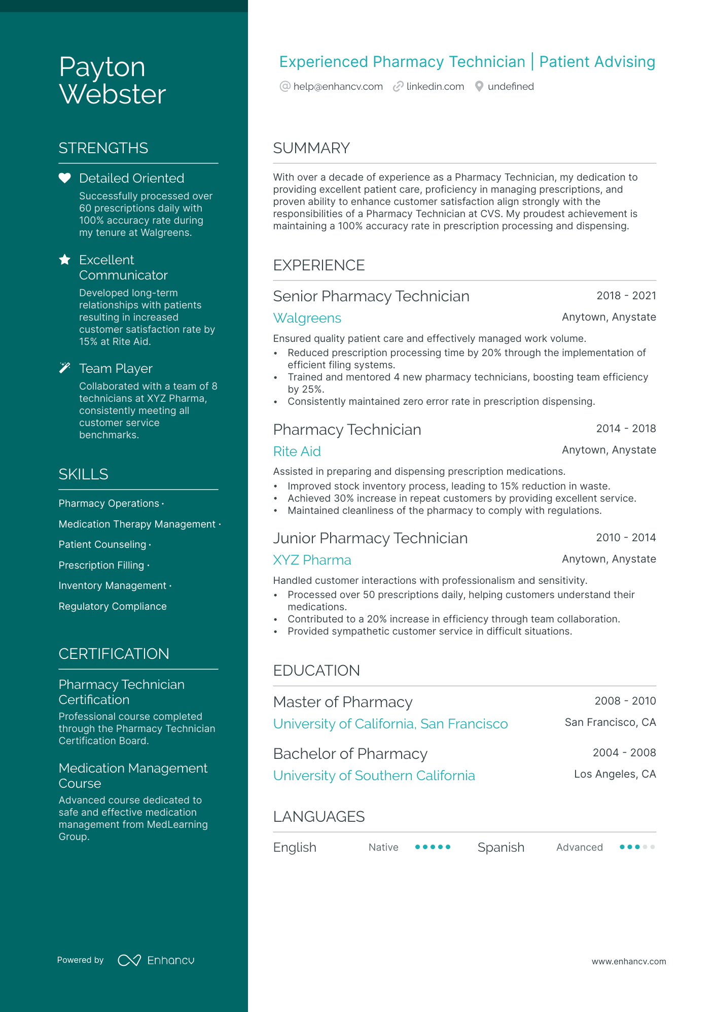 CVS Pharmacy Technician Resume Example