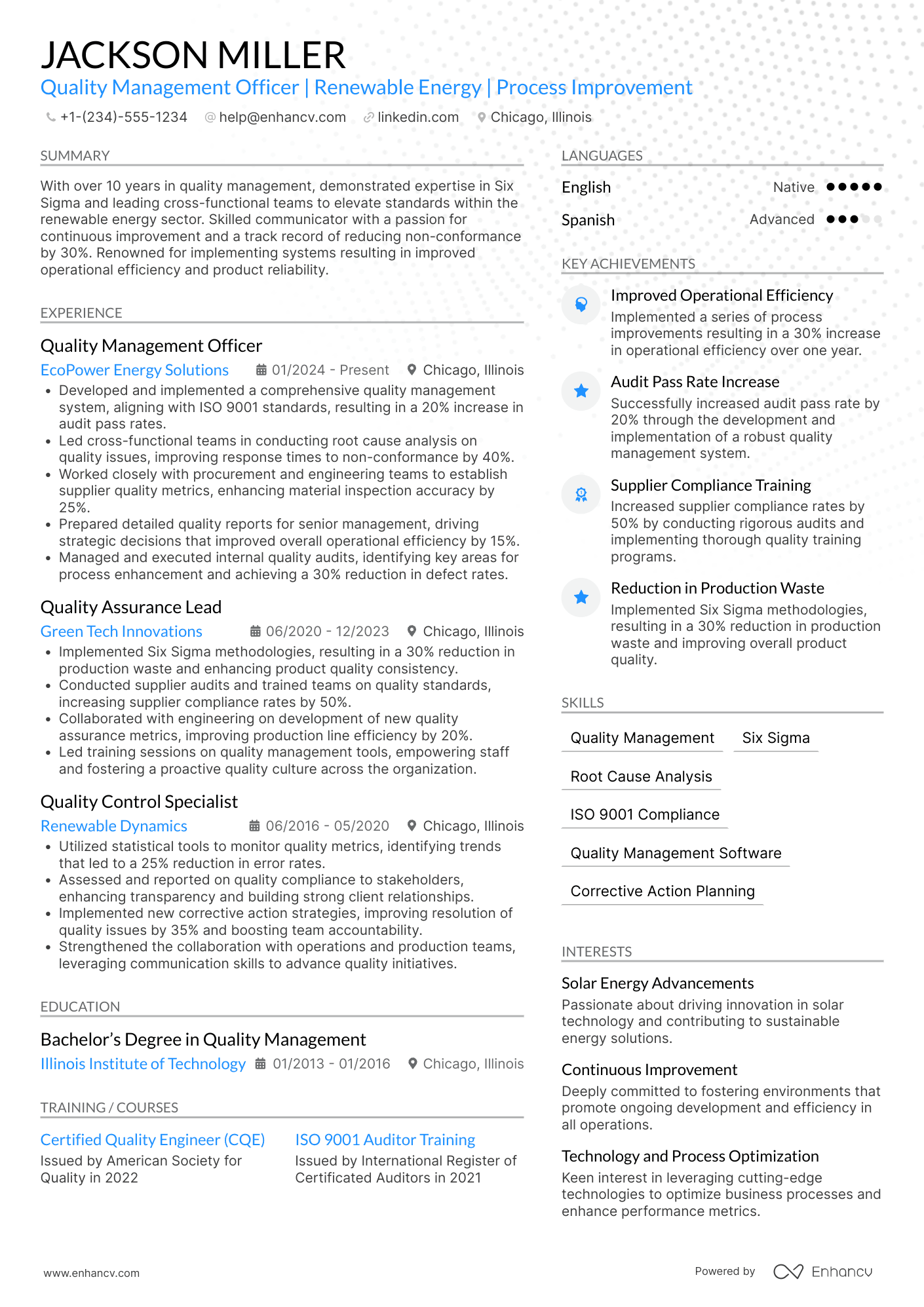 Quality Management Officer Resume Example
