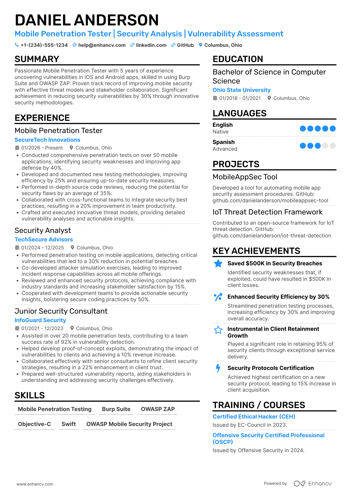 Mobile Penetration Tester Resume Example