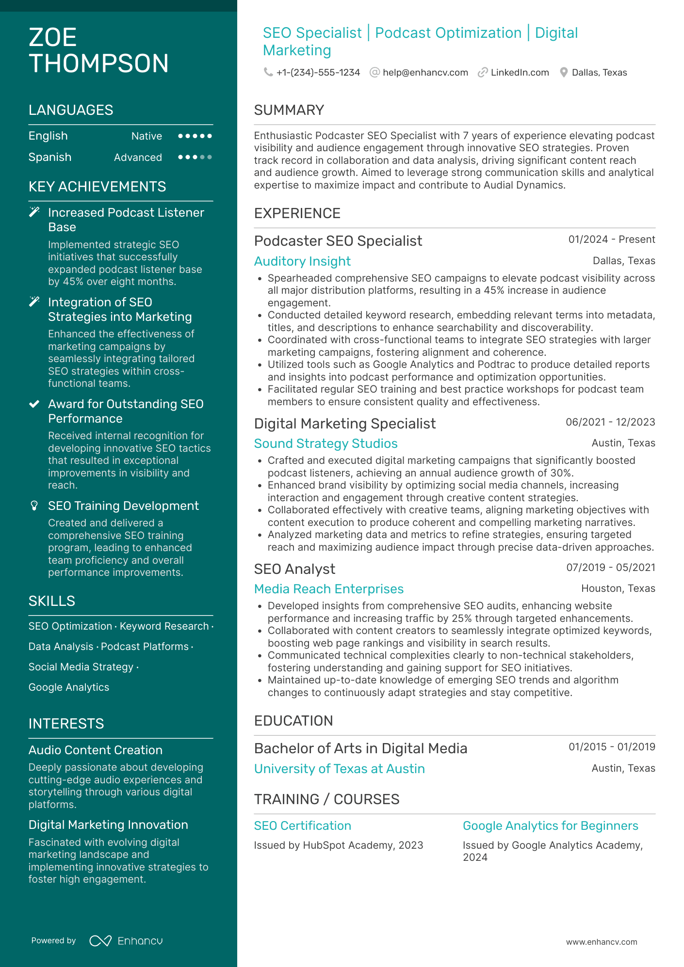 Podcaster SEO Specialist Resume Example