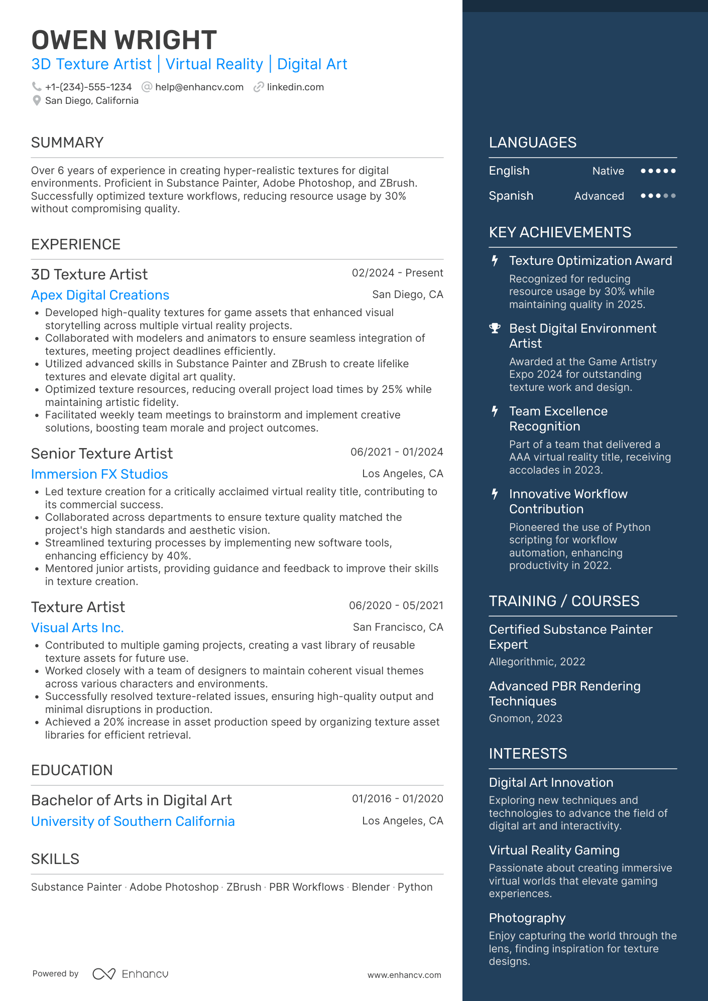 3D Texture Artist Resume Example