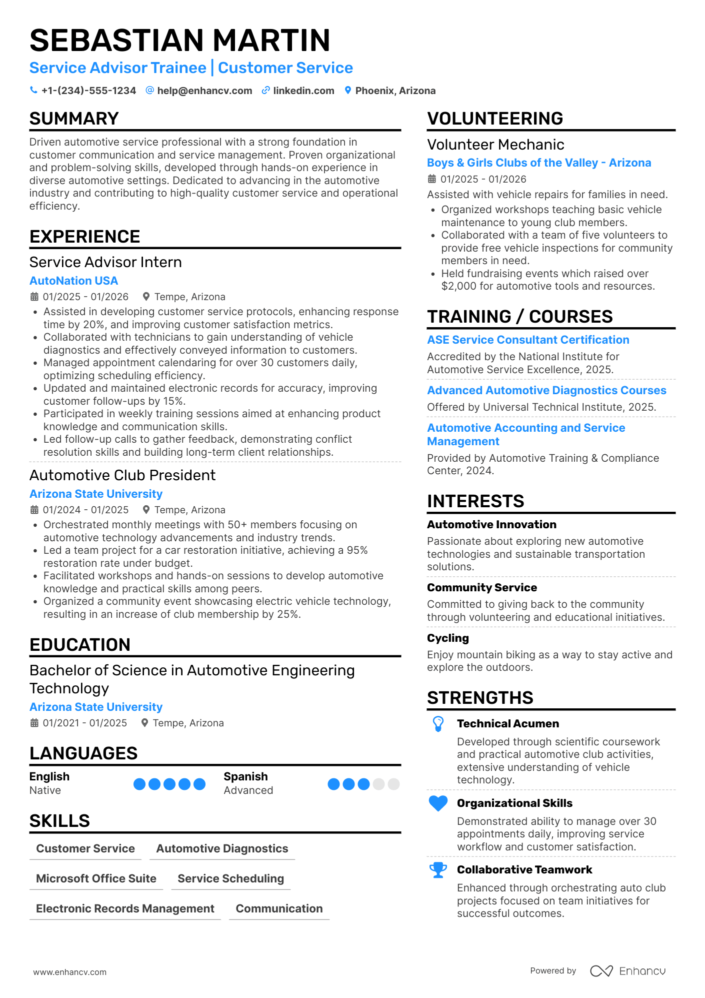 Service Advisor Trainee Resume Example