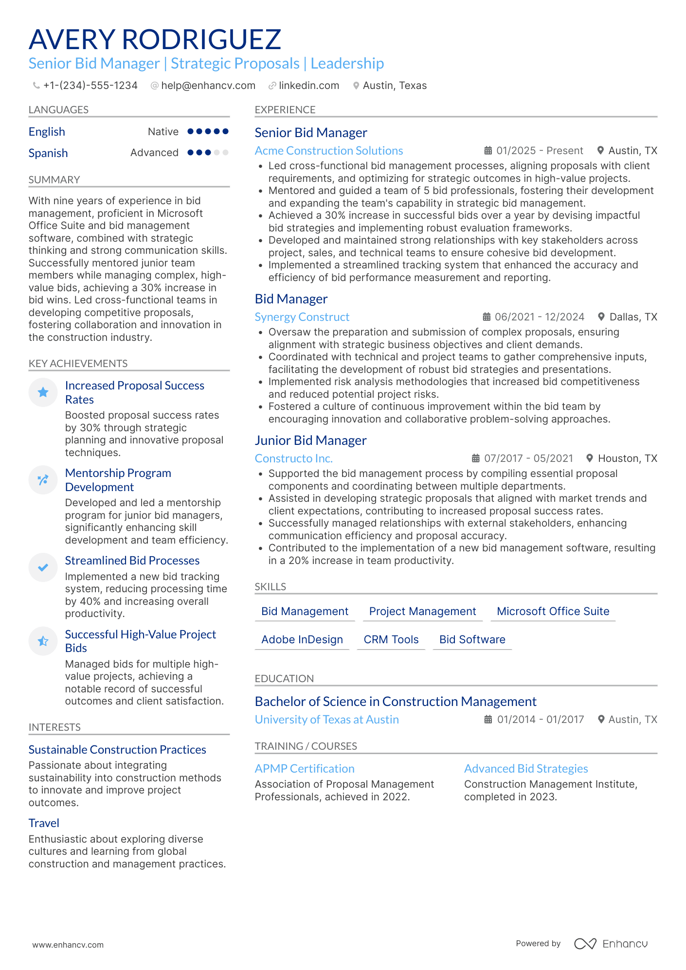Senior Bid Manager Resume Example