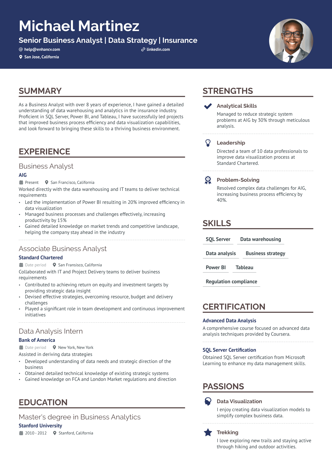 Senior Insurance Data Analyst Resume Example