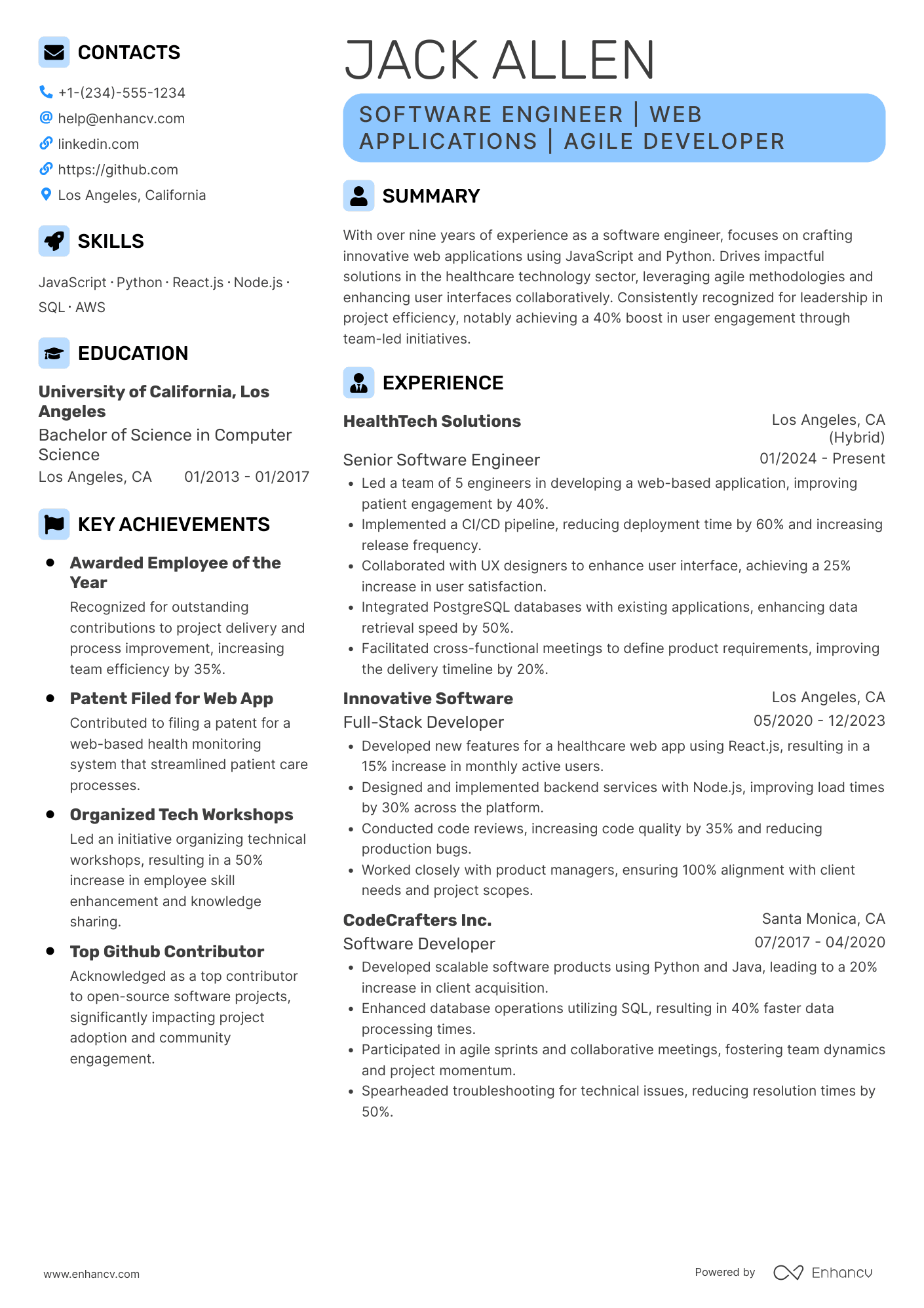 Silicon Valley Software Engineer Resume Example