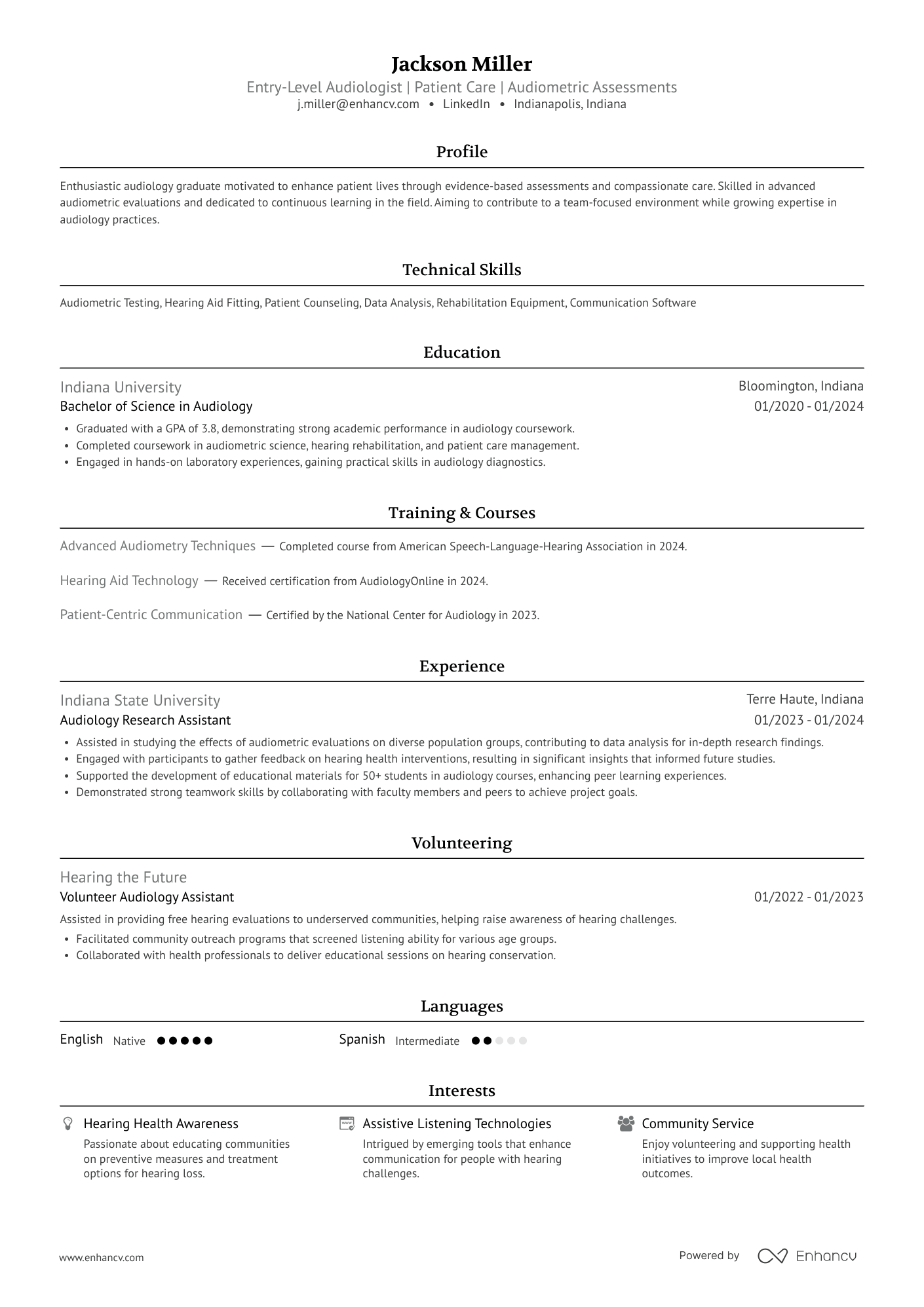 Entry Level Audiologist Resume Example