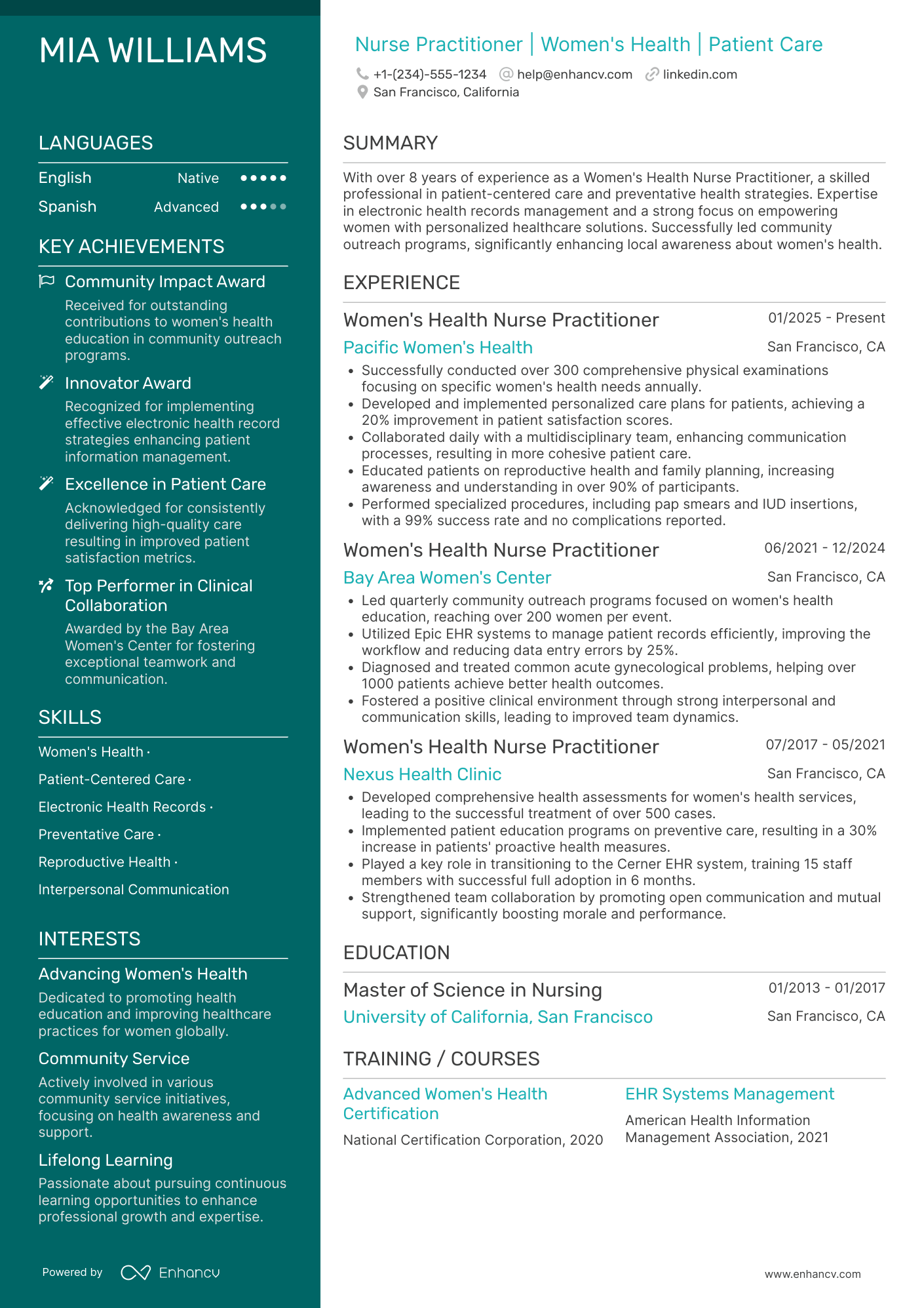 Women's Health Nurse Practitioner (WHNP) Resume Example