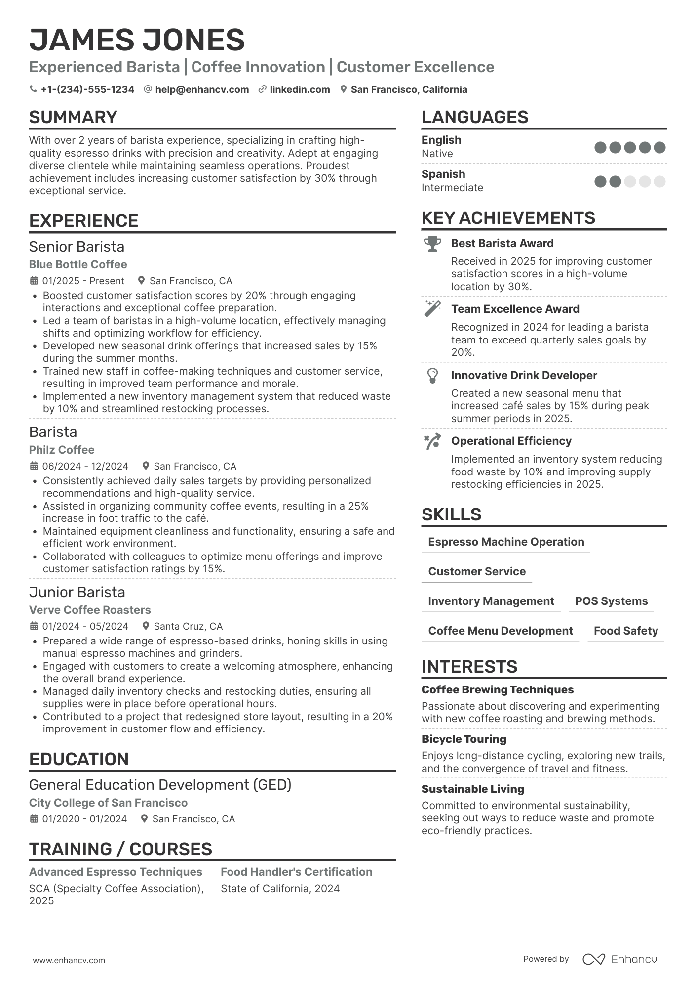 Mobile Barista Resume Example