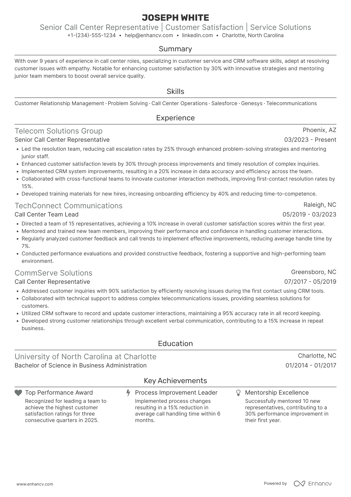 Senior Call Center Representative Resume Example