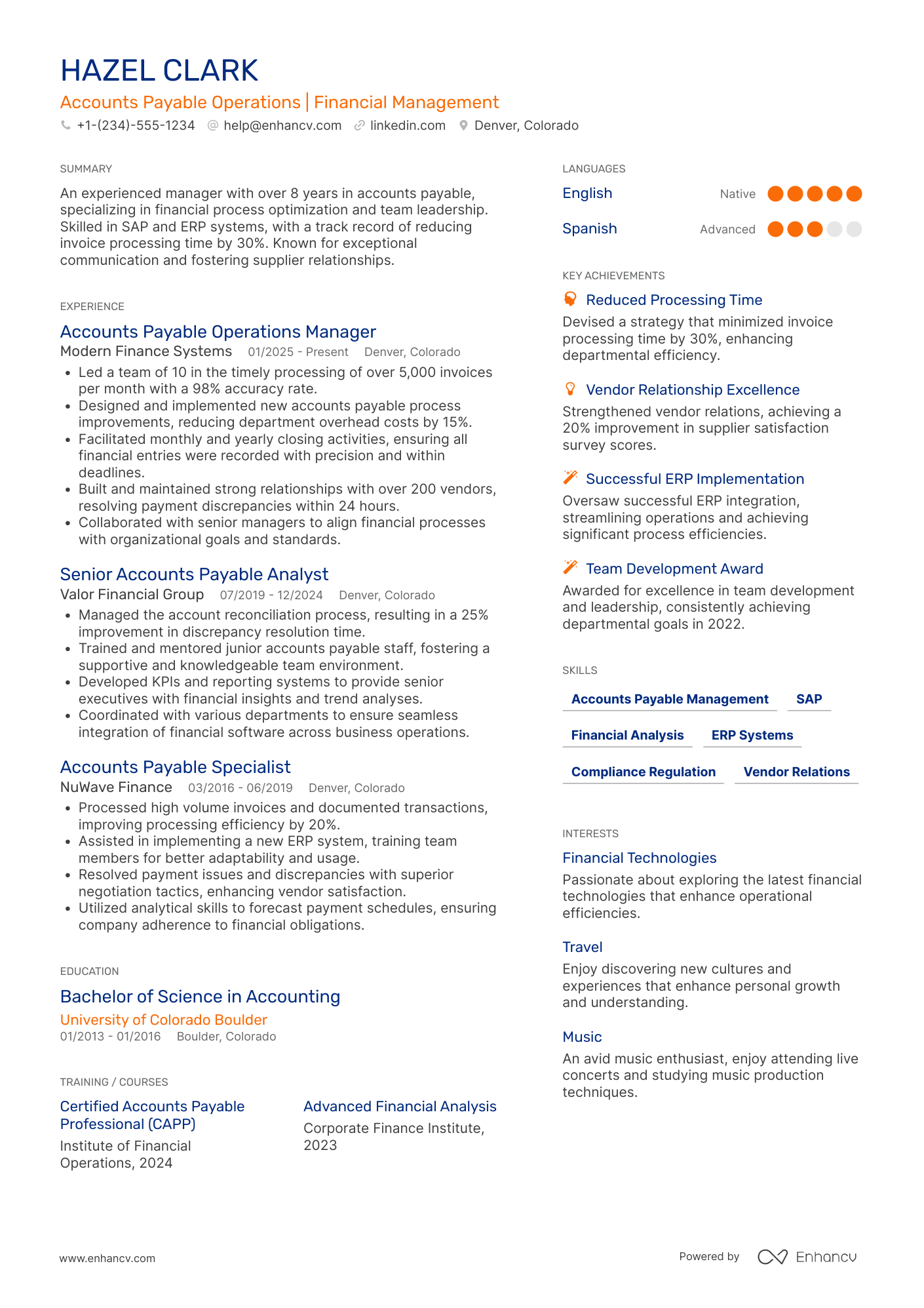 Accounts Payable Operations Manager Resume Example