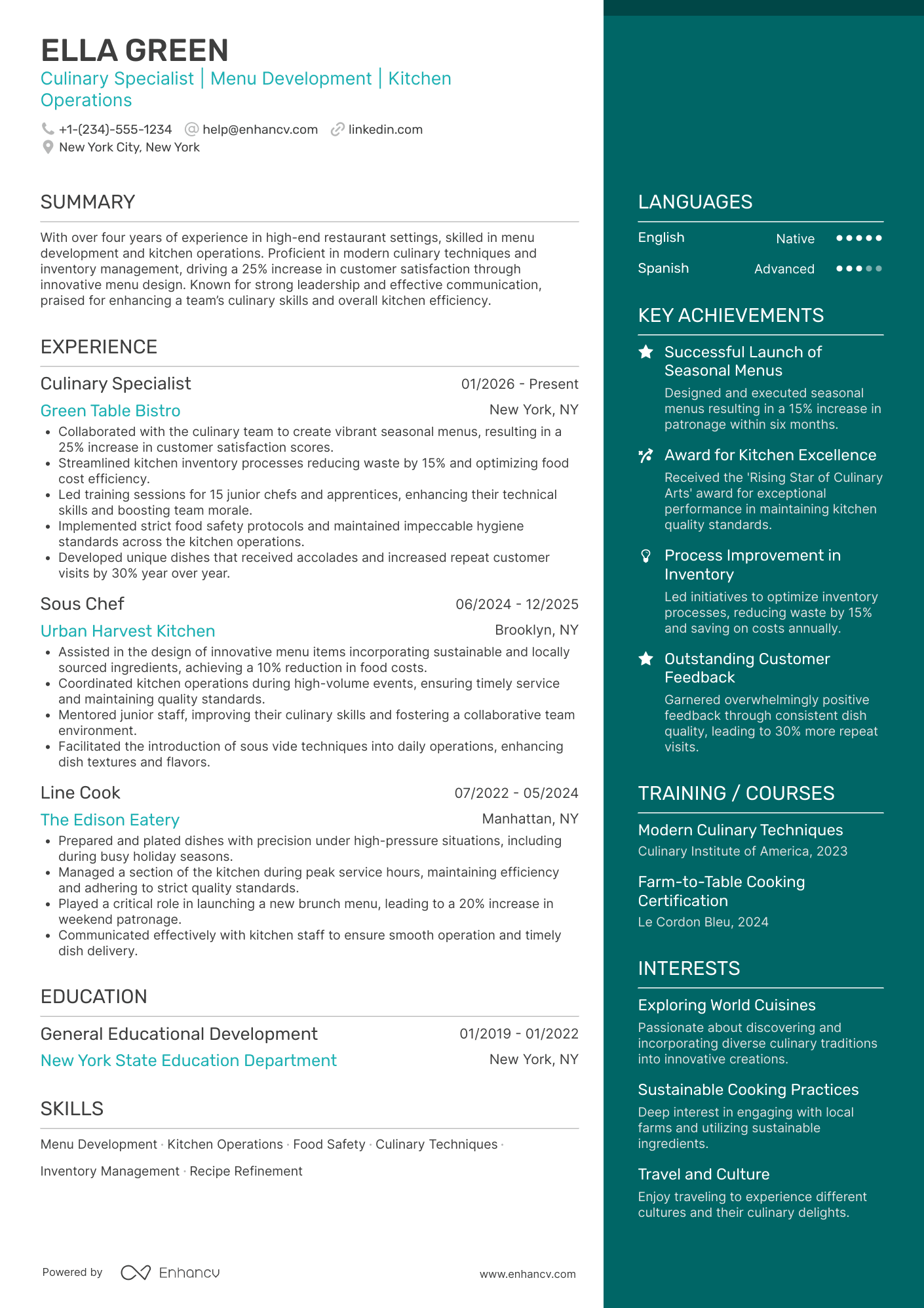 Culinary Specialist Resume Example